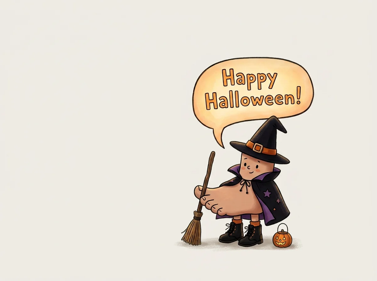 A cartoon foot dressed as a witch with a black hat, purple cape with star accents, and black boots holding a broomstick. A small pumpkin bucket is on the ground next to them, and a speech bubble above says "Happy Halloween!".