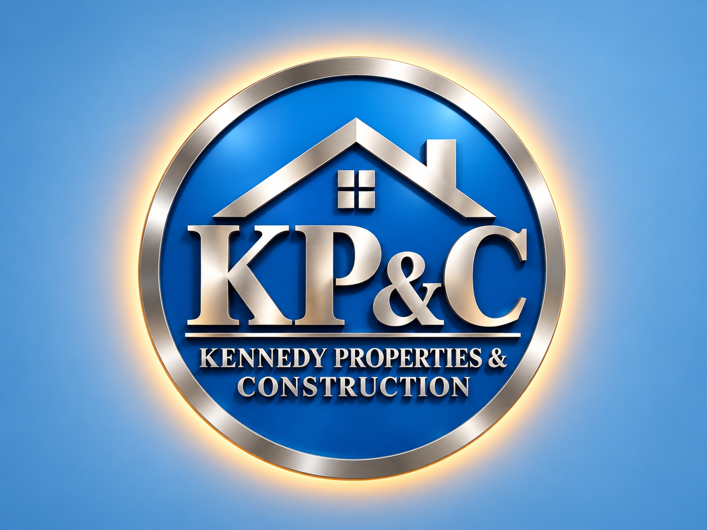 A circular blue and silver sign with the company name 'KPC' and the words 'Kennedy Properties & Construction,' featuring a house roof design at the top, illuminated with backlighting.