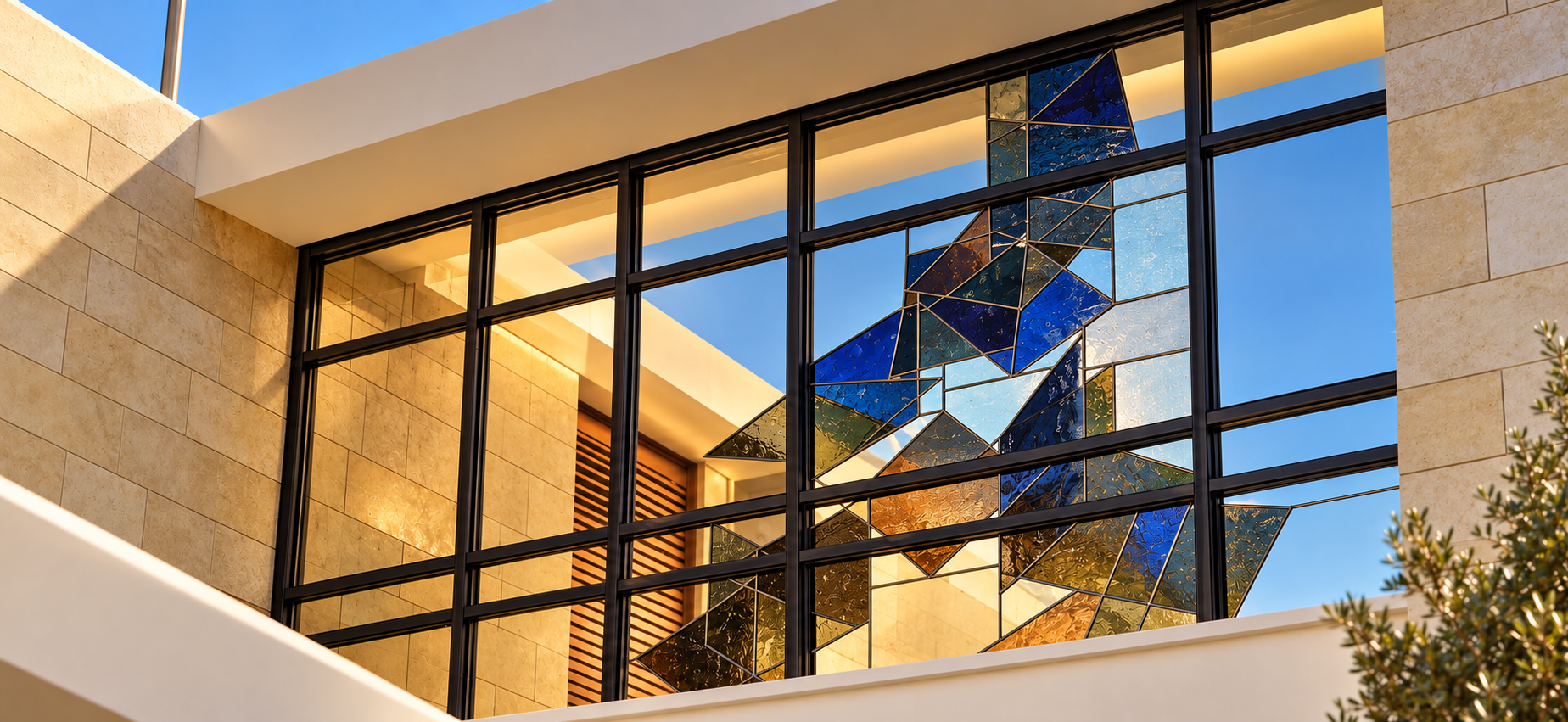 Golden-Hour Modern Atrium with Stained Glass.png