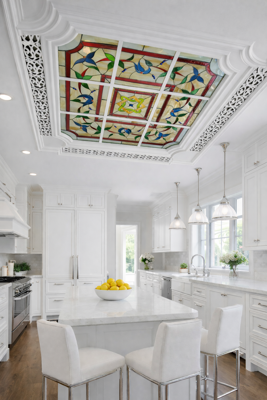 Elegant kitchen with stained glass ceiling.png