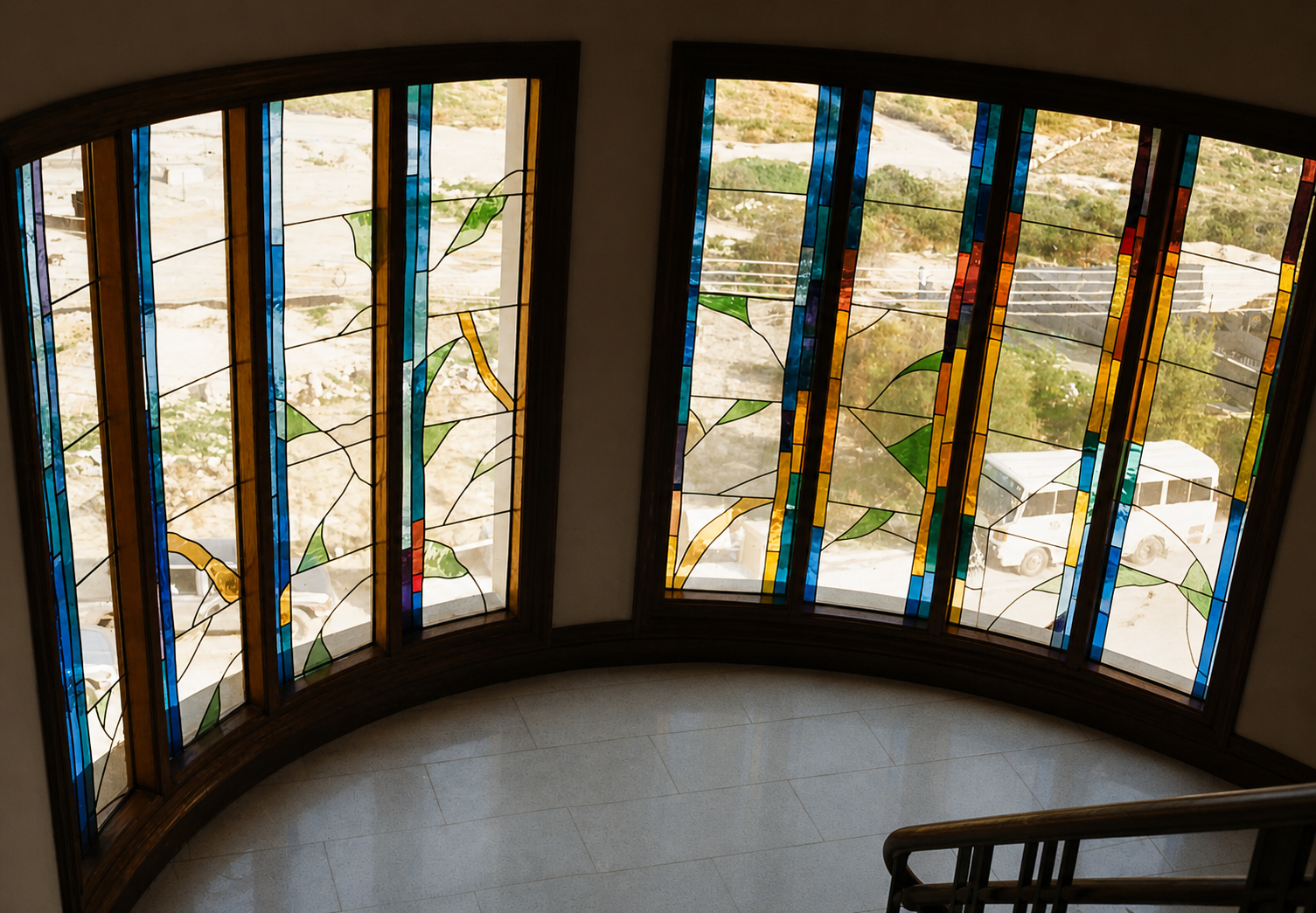 Curved stained-glass bay with sunlight.png