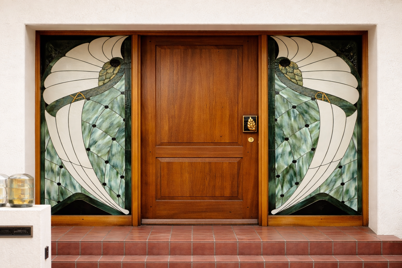 Elegant wooden door with stained glass.png