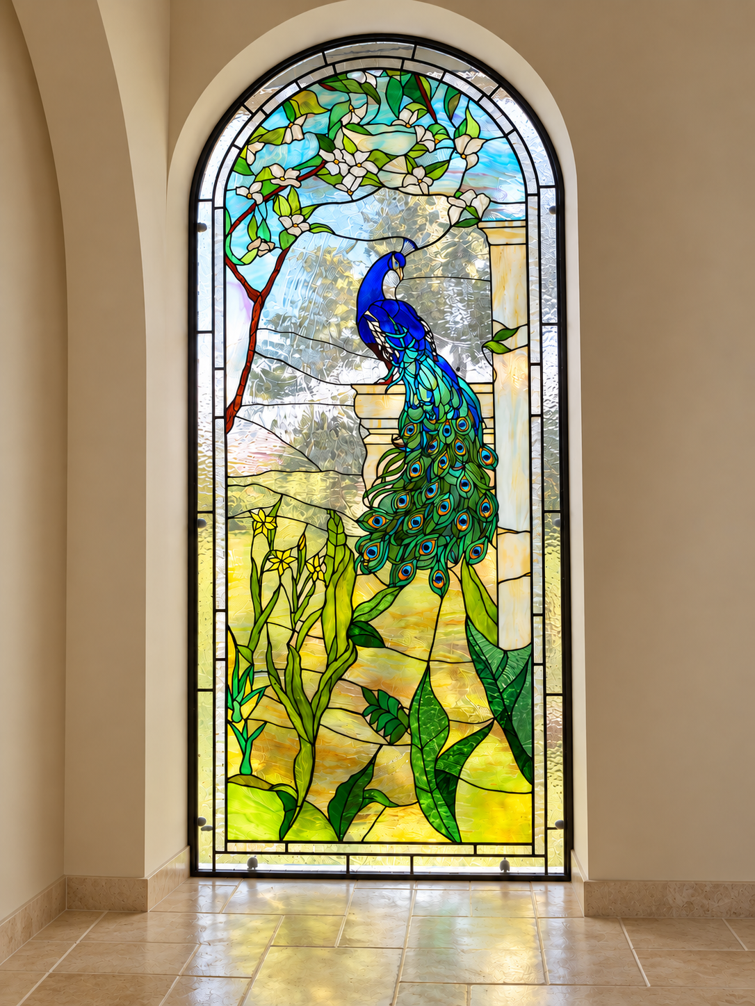 Peacock Stained Glass in Arched Hallway.png