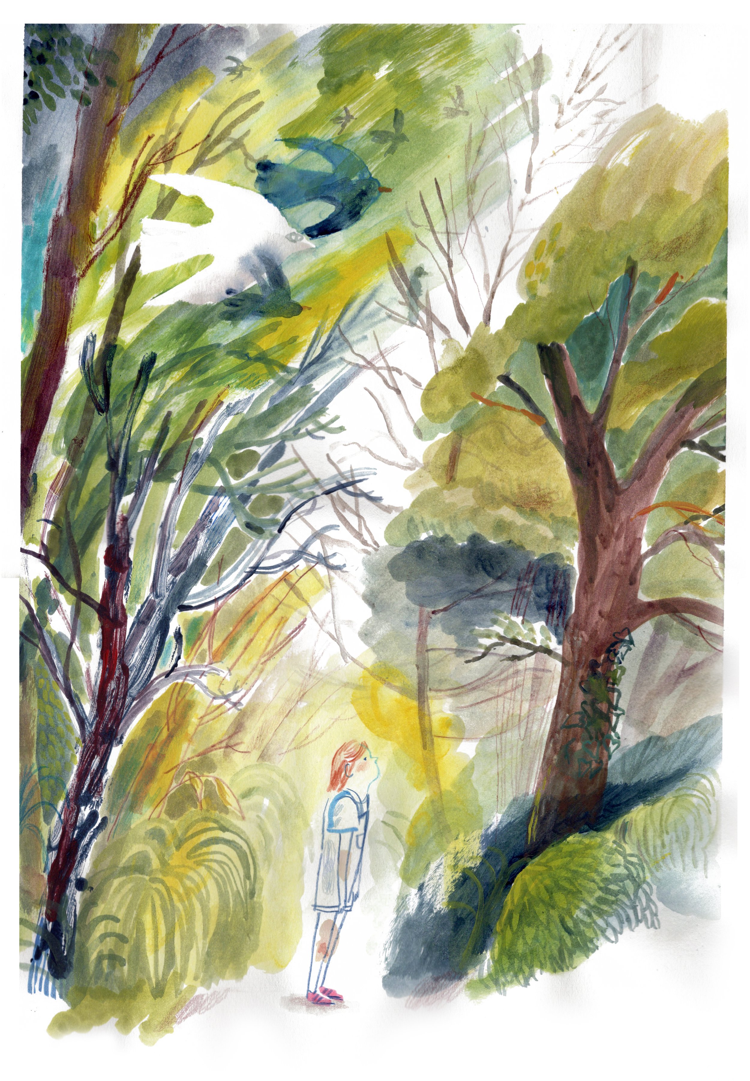 Watercolour painting. Lush green forest with birds and trees. Character stands in the forest.