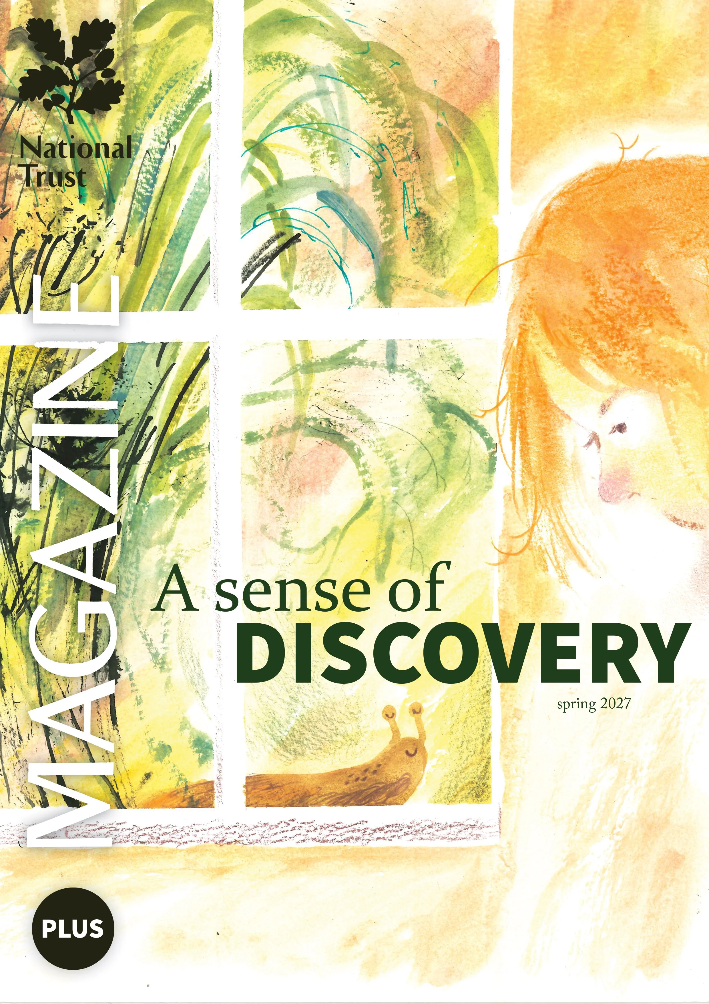 A mixed media illustration, featuring a curious character looking over the windowsill to see a slug. It is a reimagined National Trust magazine cover