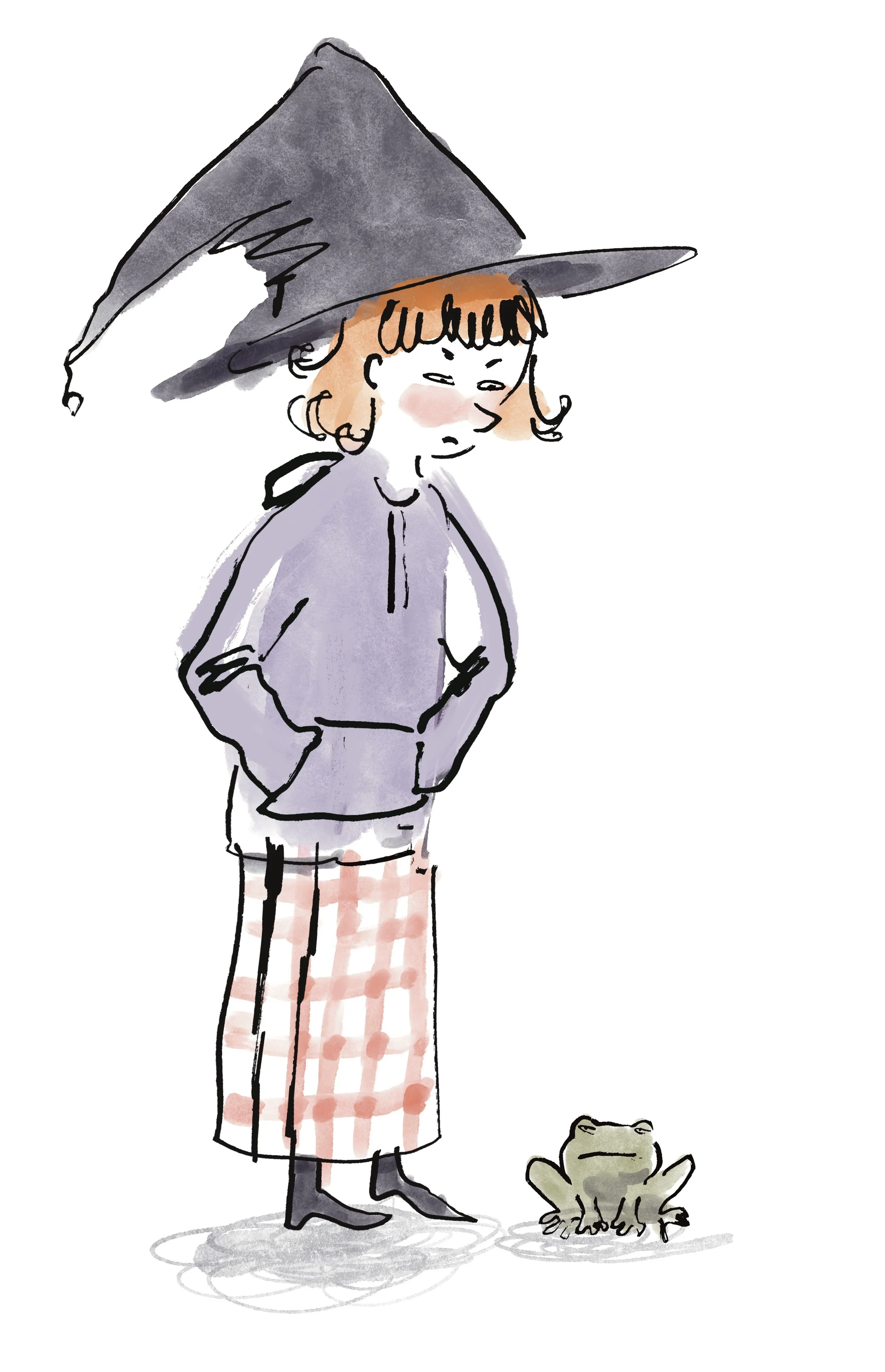 A grumpy young Witch. Playful character design. She stands next to a grumpy frog.