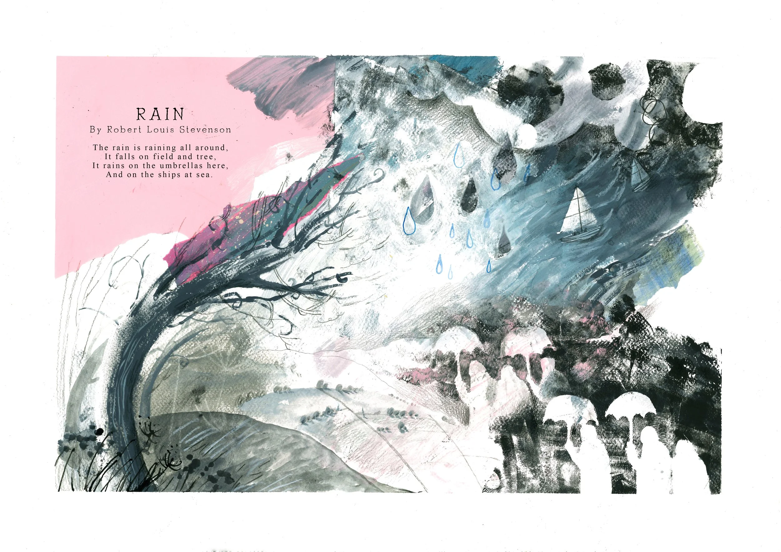 An Illustrated Poem about the weather. Rain Poem illustration.