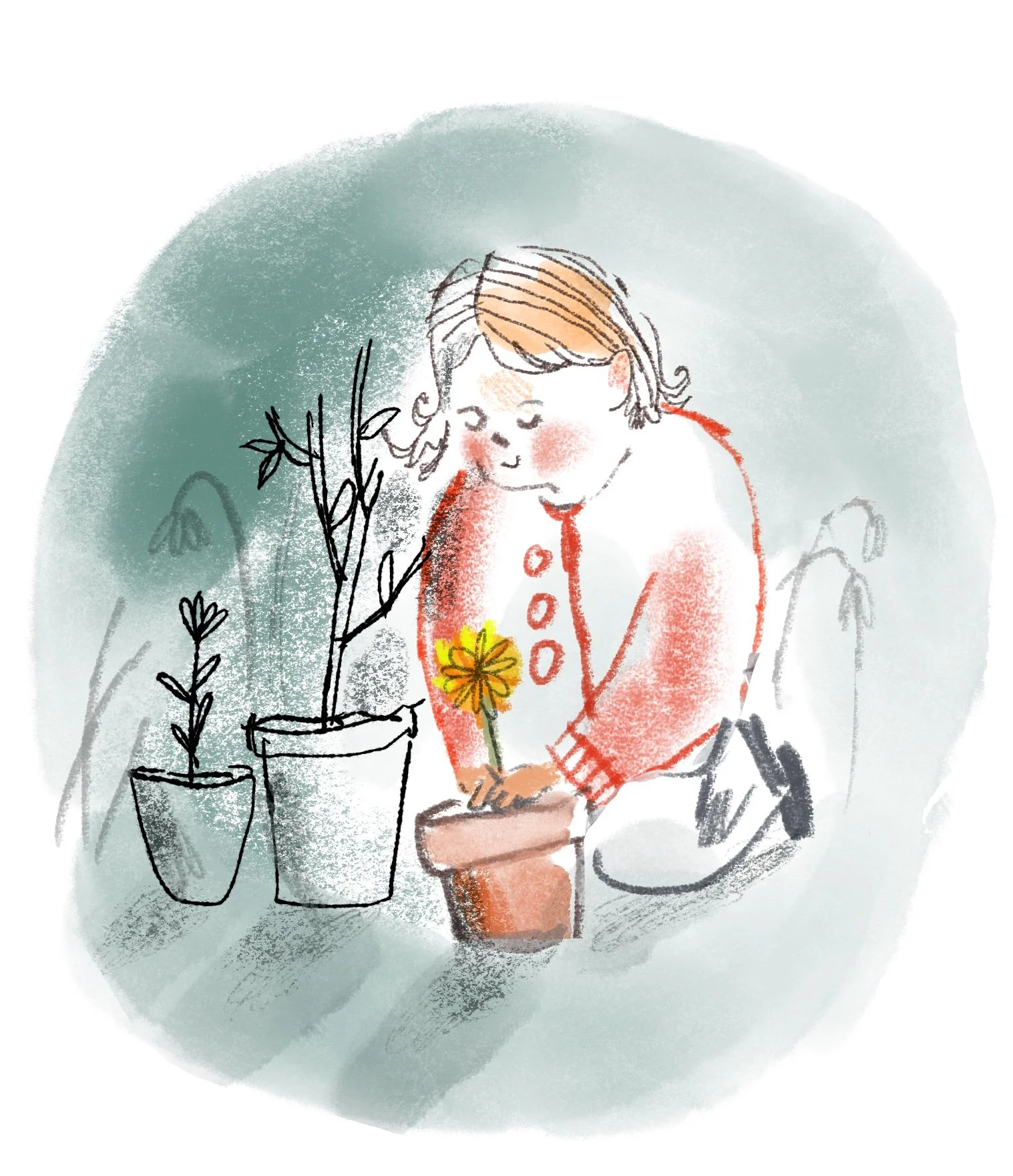 A young child sits gardening, surrounded by potted plants.