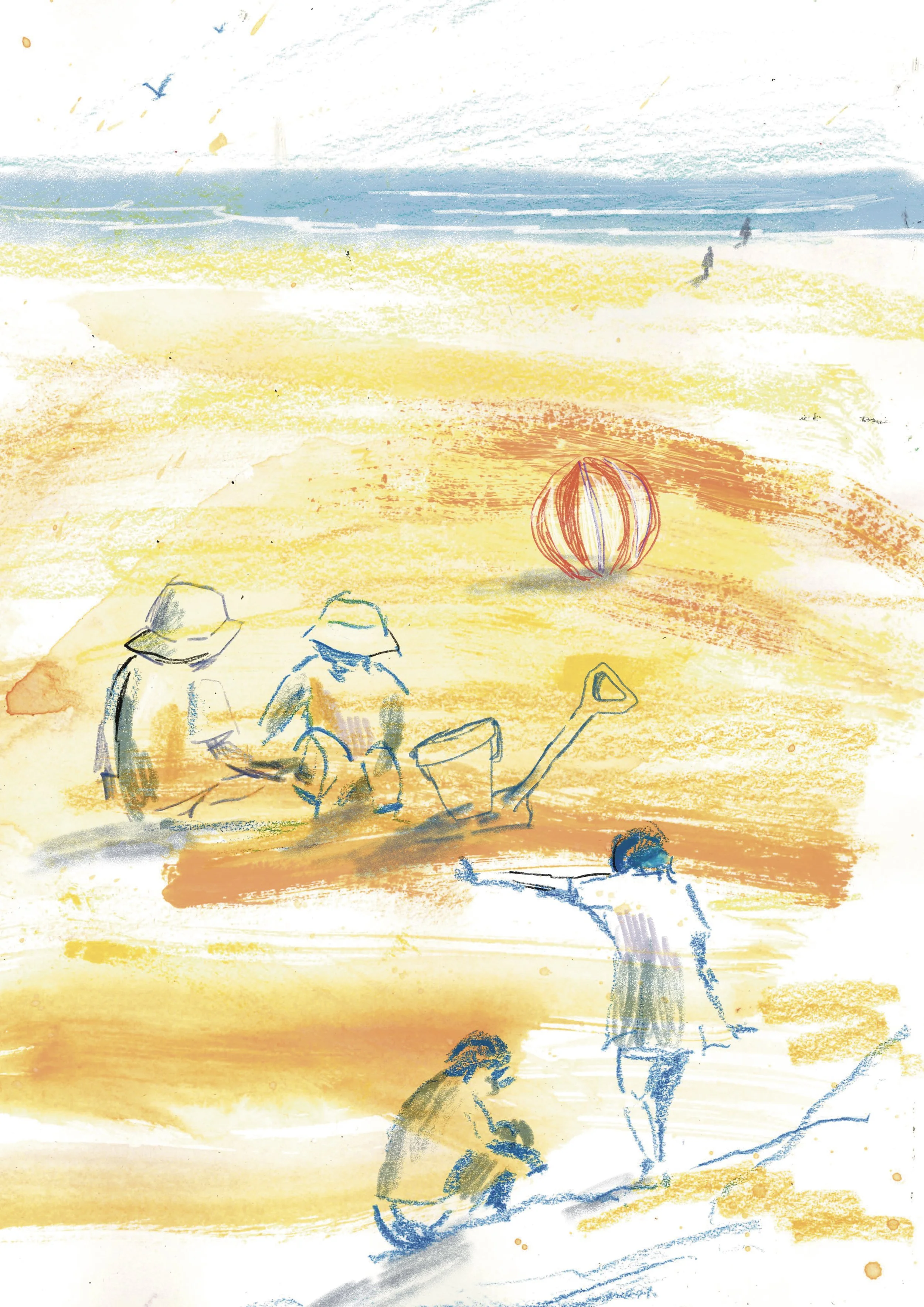 An energetic beach scene with hand-drawn characters. This mixed media illustration is bright and colourful. You can see the sea in the distance.