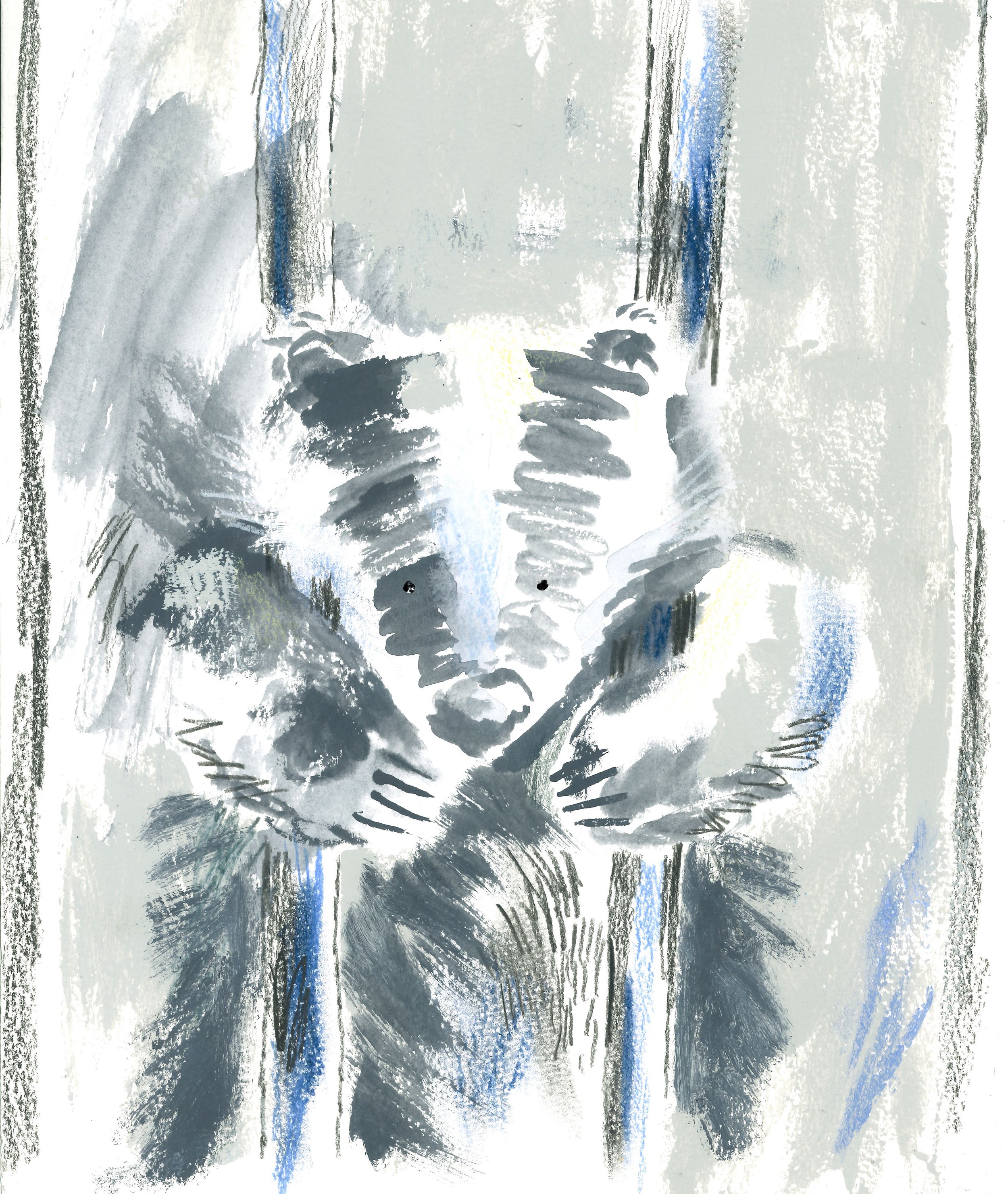 A Badger Character design. He stands behind bars as if locked away.