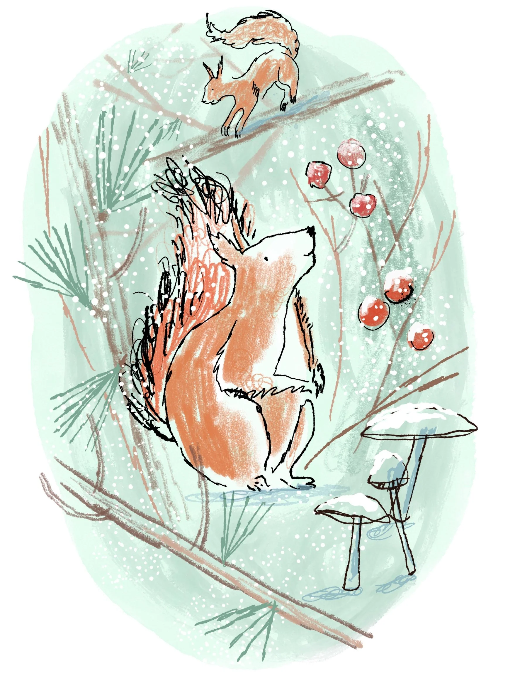 A sweet christmas illustration of a red squirrel. Surrounded by branches and berries topped with snow.