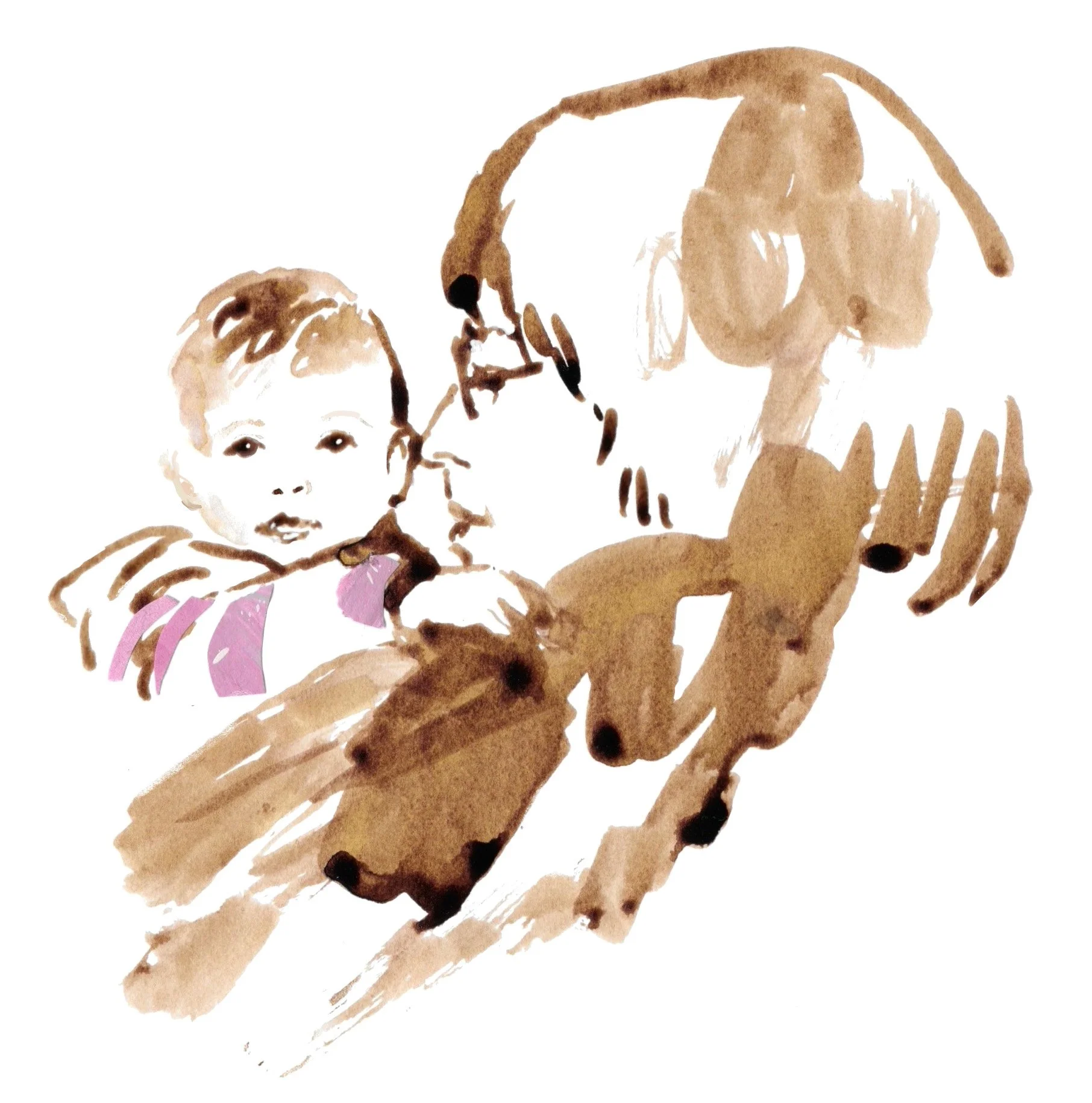 Ink illustration featuring a mother and daughter holding eachother in an embrace.