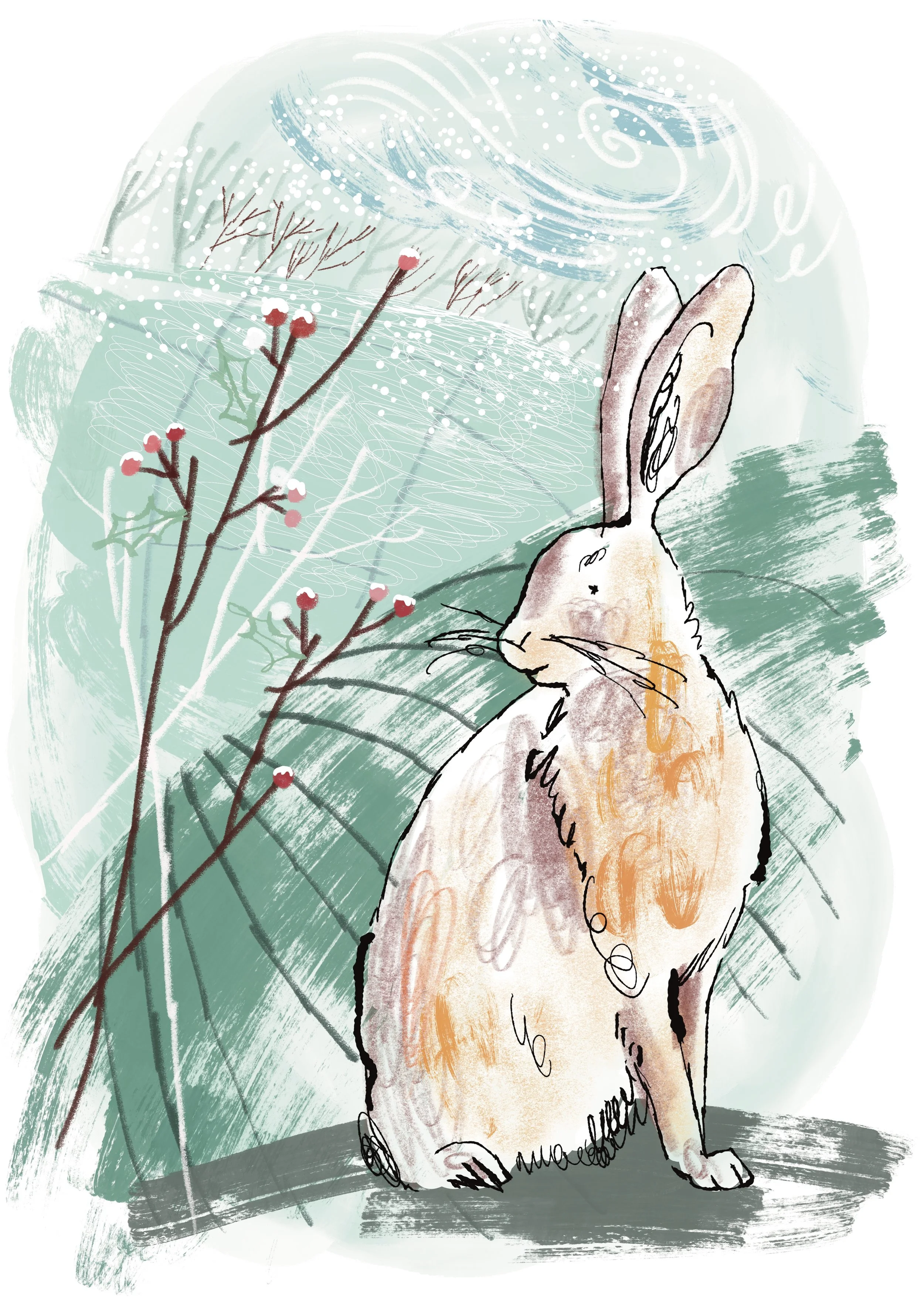 An illustration of a rabbit with hand-drawn textures. It sits in a surrounding Winter landscape.