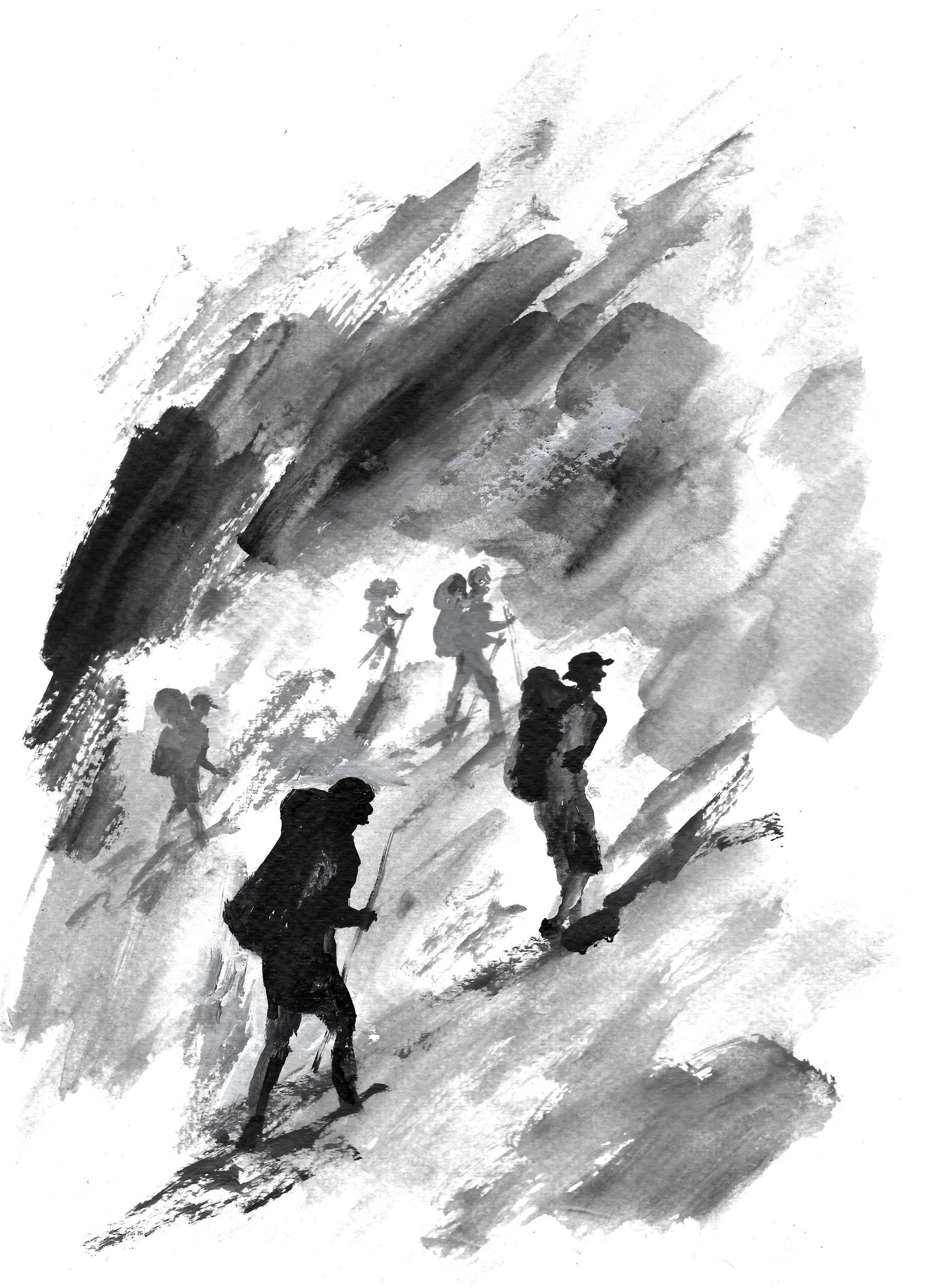 Silhouettes of people hiking up a mountain. Black and White painting.