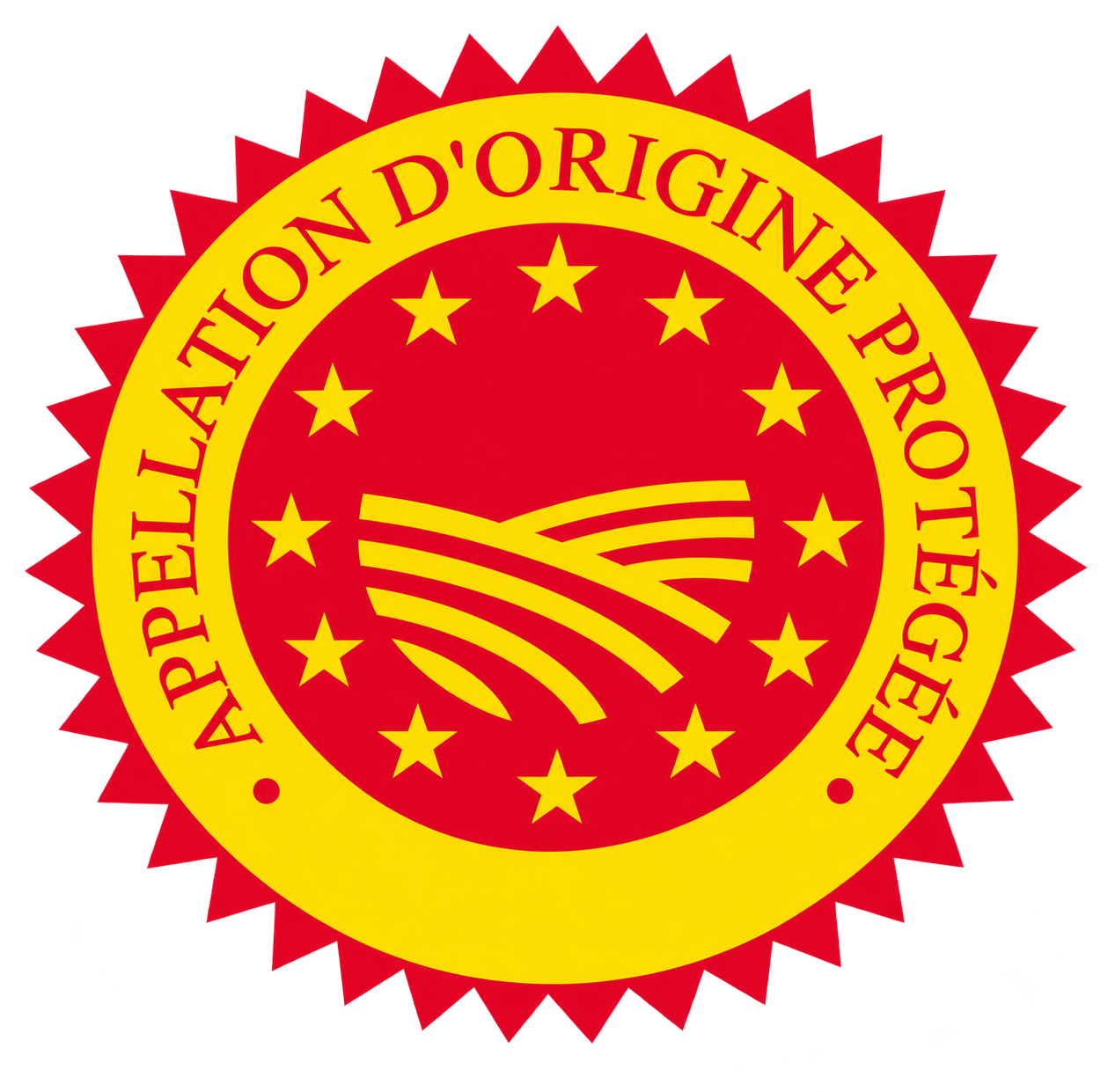 Logo rond avec texte en français 'Appellation D'Origine Protégée' entouré d'étoiles jaunes et d'une couronne rouge avec rayures jaunes au centre.