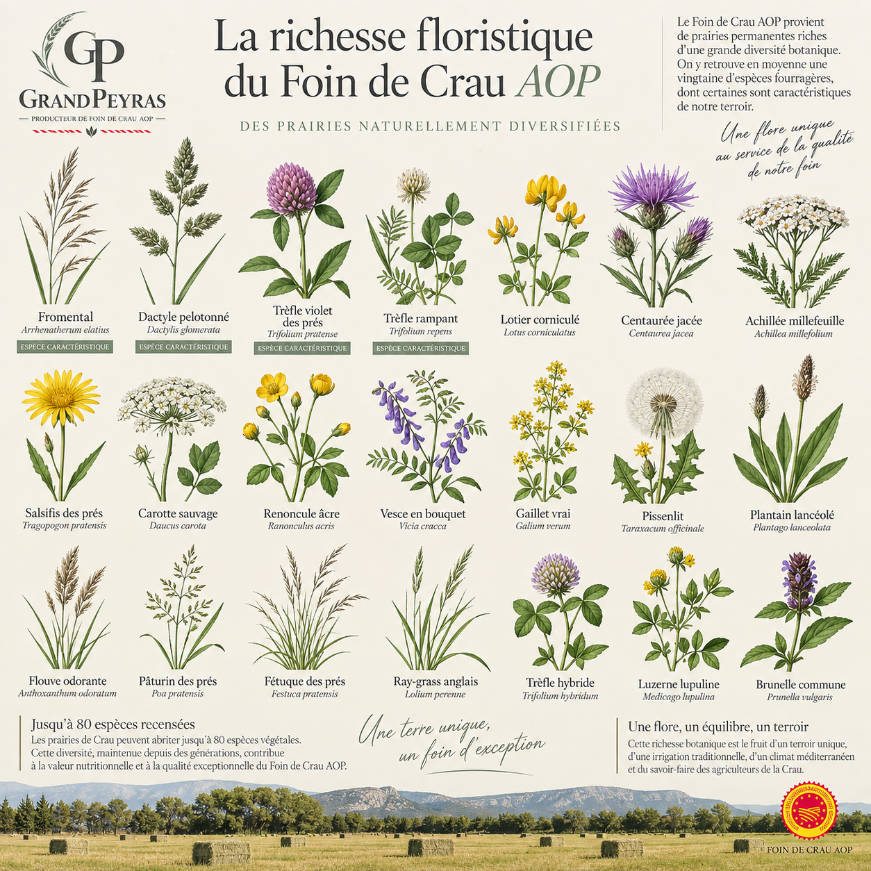 Affiche illustrant différentes plantes floristiques du Foin de Crau AOP, incluant des fleurs comme le Trèfle violet des prés, la centaurée jacée, la pissenlit, la luzerne lupuline, et des herbes comme le fenouil odorant et le ray-grass anglaise, avec des descriptions de leur nom scientifique et leur caractéristique.