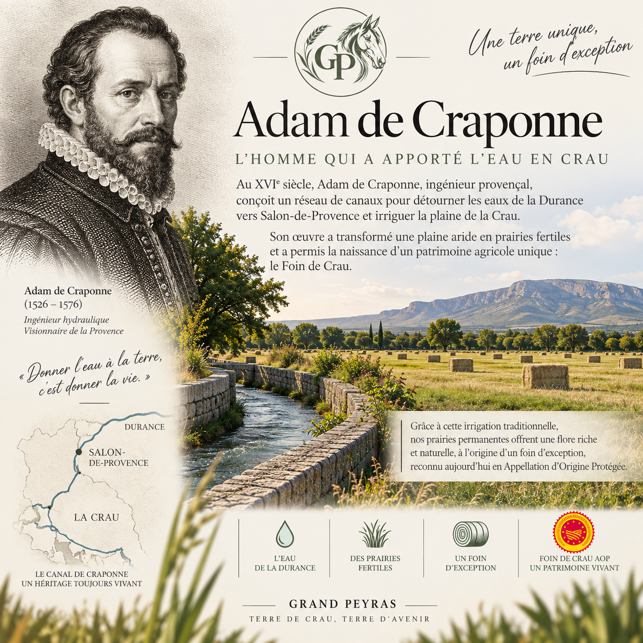 Affiche présentant Adam de Craponne, ingénieur hydraulique du XVIe siècle, avec une illustration de lui, une carte de son canal reliant Durance, Salon-de-Provence et La Crau, un paysage avec un canal d'irrigation, et des icônes illustrant l'eau, les prairies fertiles, un foin d'exception, et un patrimoine vivant avec un logo en bas à droite.