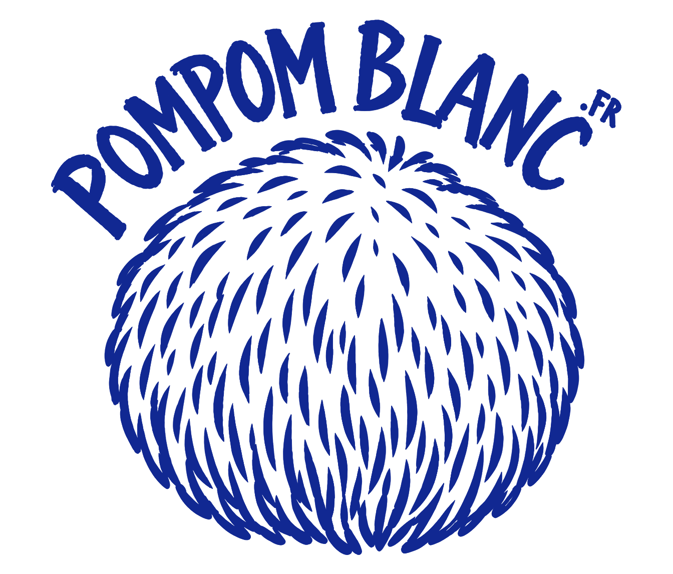 Logo de POMPOM BLANC avec une illustration stylisée d'une boule de boules de pompons en bleu.