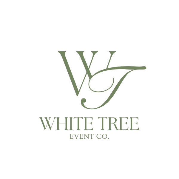Logo for White Tree Event Co. with stylized letters W and T and a white circle with a branch or leaf design.