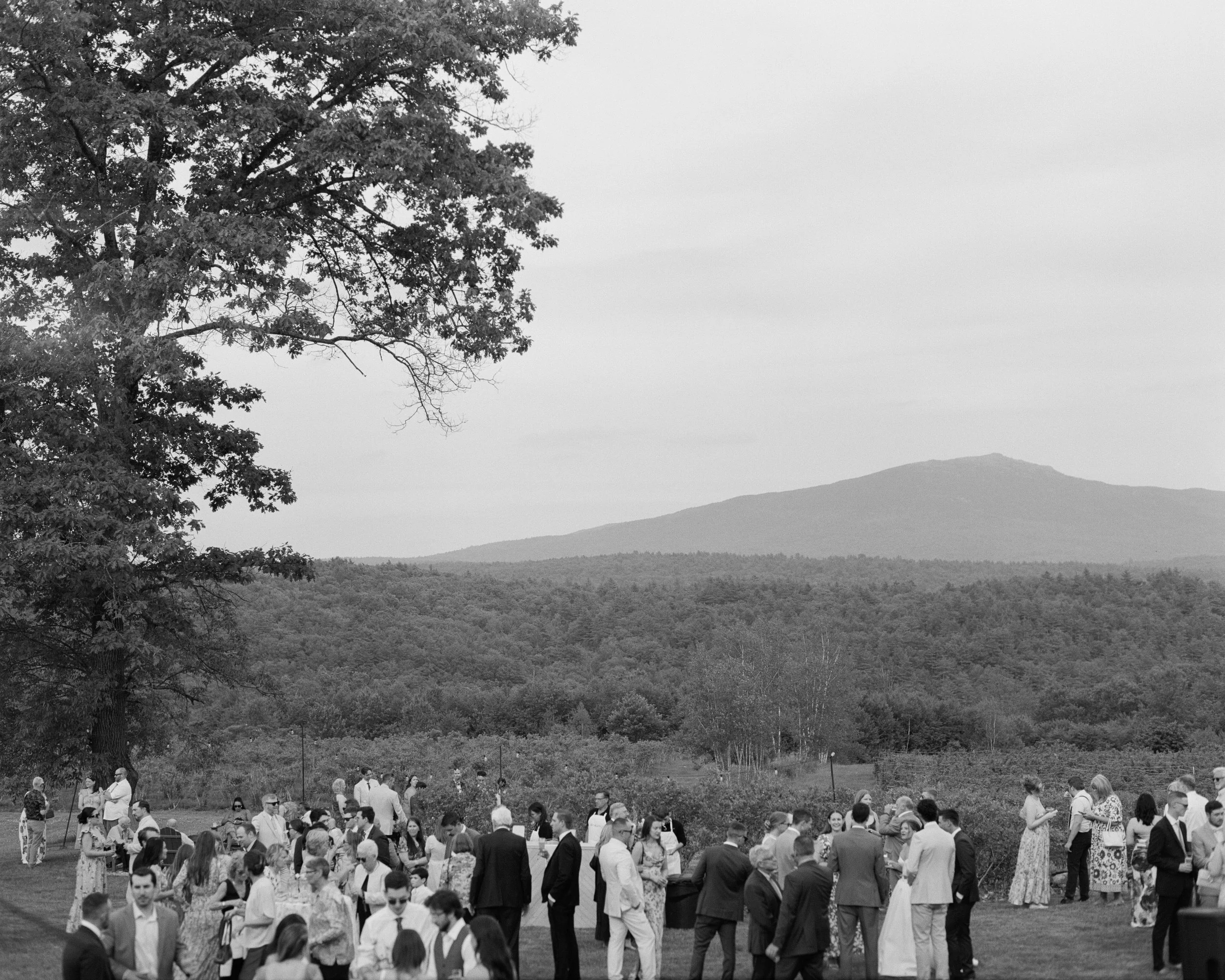 A black and white photo of an outdoor gathering of people, with many dressed in formal attire, on a grassy area bordered by trees and hills in the background.