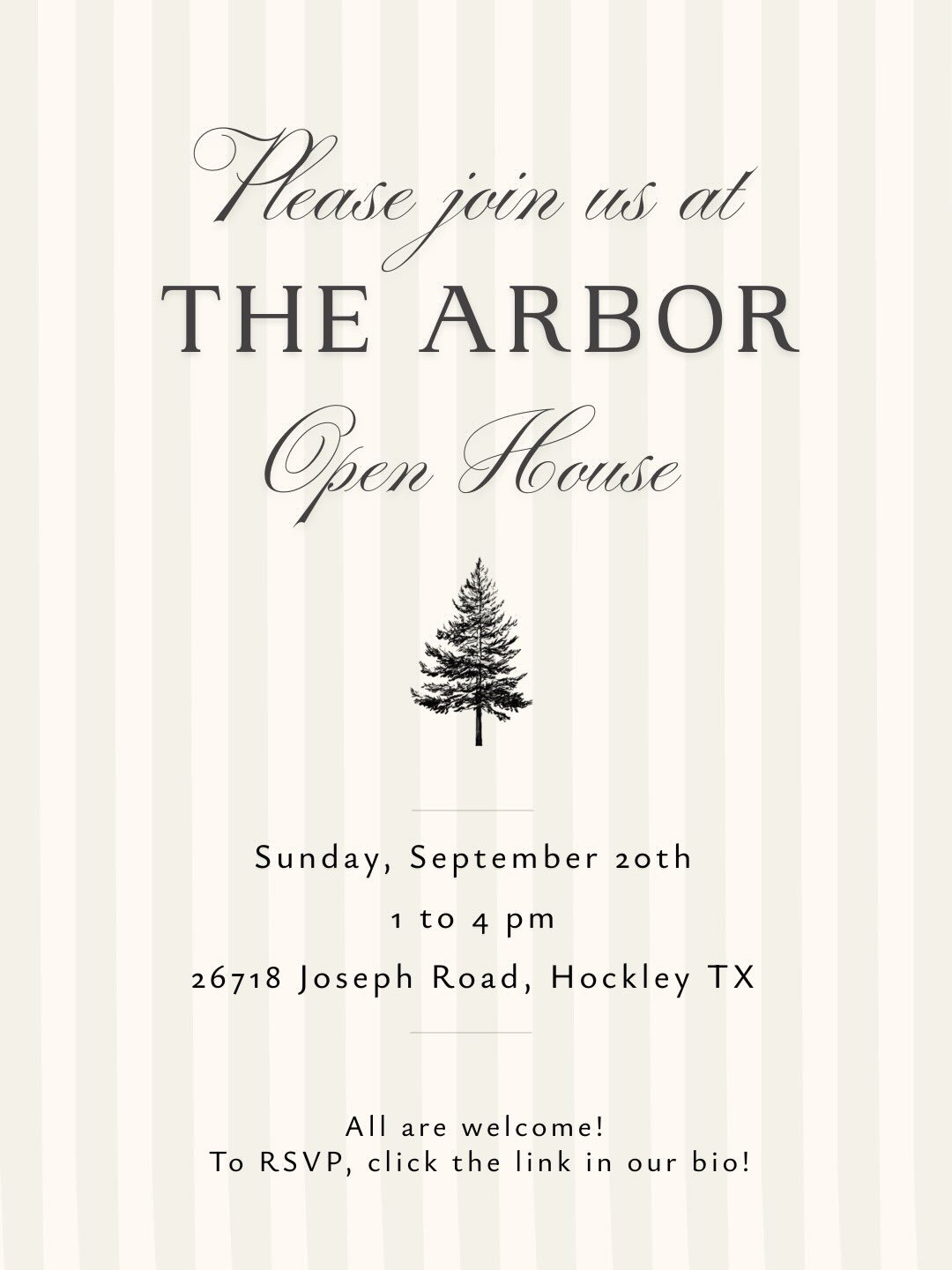 Mark your calendars 🌲 
The Arbor is opening its doors for a special Open House!

🗓 Sunday, September 20th | 1-4pm
📍 26718 Joseph Road, Hockley TX

Walk through the Chapel, Bridal &amp; Groom&rsquo;s Suites, Ballroom, and Courtyard &mdash; plus a p