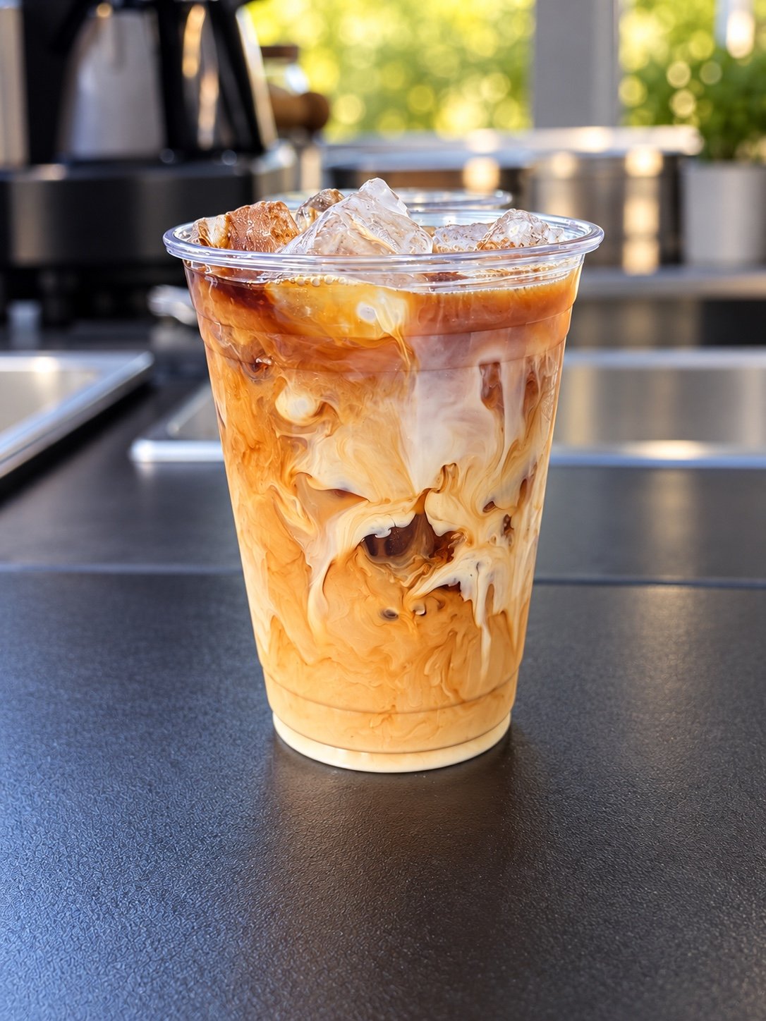 Iced latte with espresso and milk at the Grind by Gio coffee cart