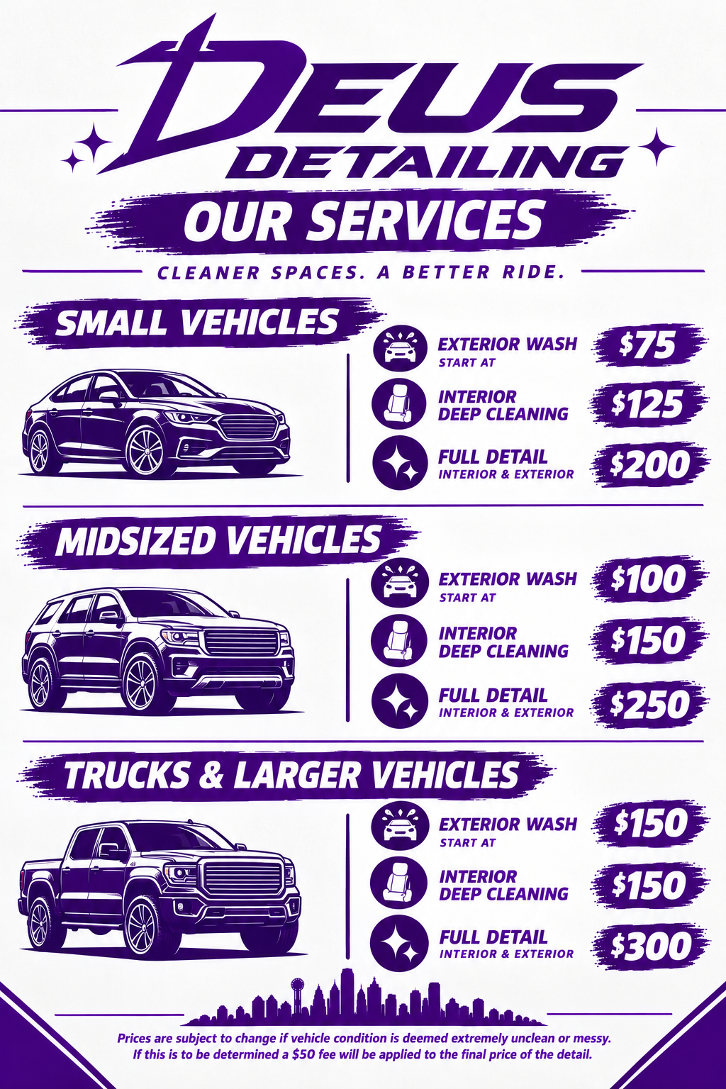 Price list for car detailing services for small, midsized, and larger vehicles, including exterior wash, interior deep cleaning, and full interior and exterior detail with prices, logos, and images of different vehicles.