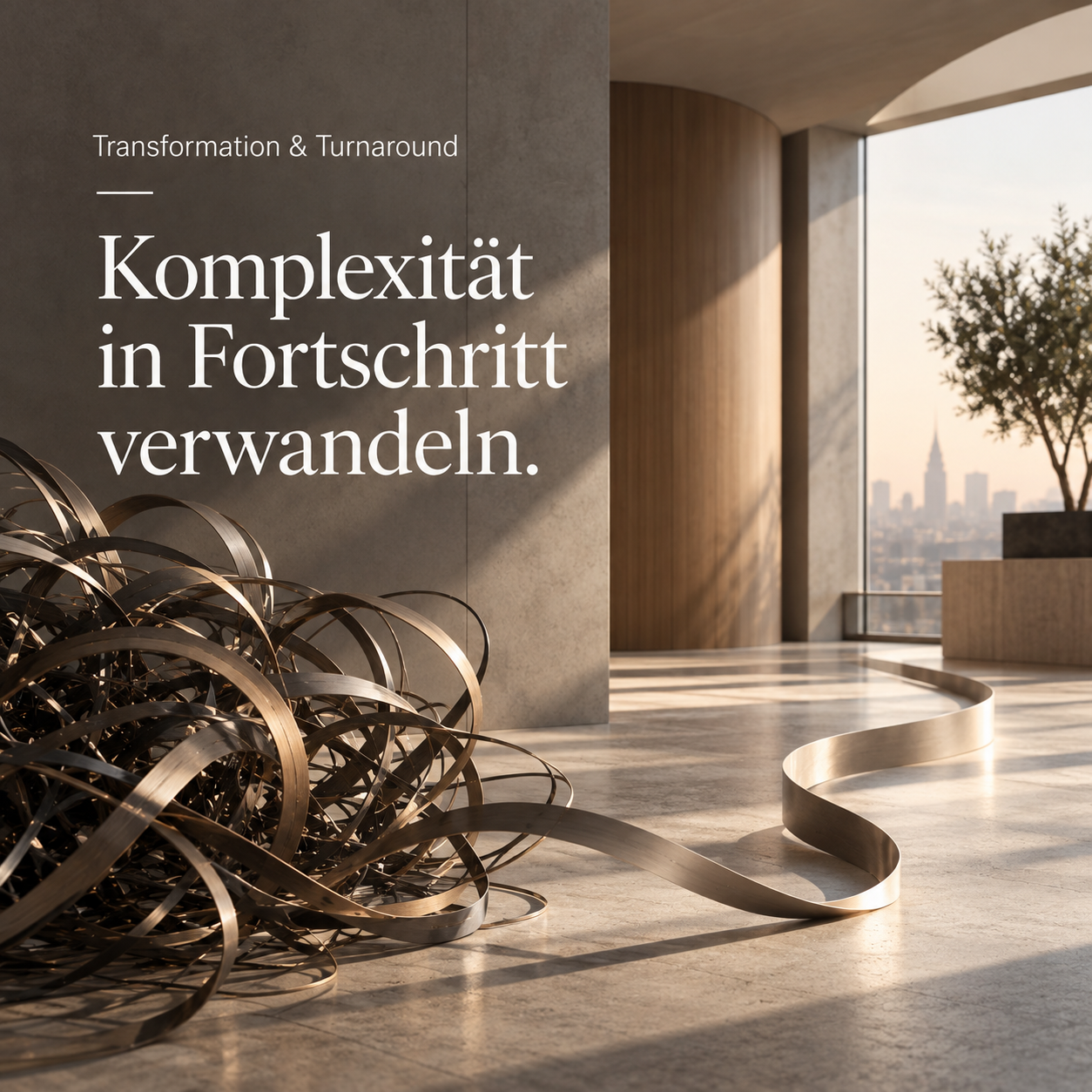 Moderne Innenarchitektur mit einem großen Fenster mit Blick auf die Stadt, Holz- und Betonwände sowie einige dekorative Metallskulpturen und ein Text, der von Transformation und Fortschritt spricht. Unternehmensberatung, Consulting