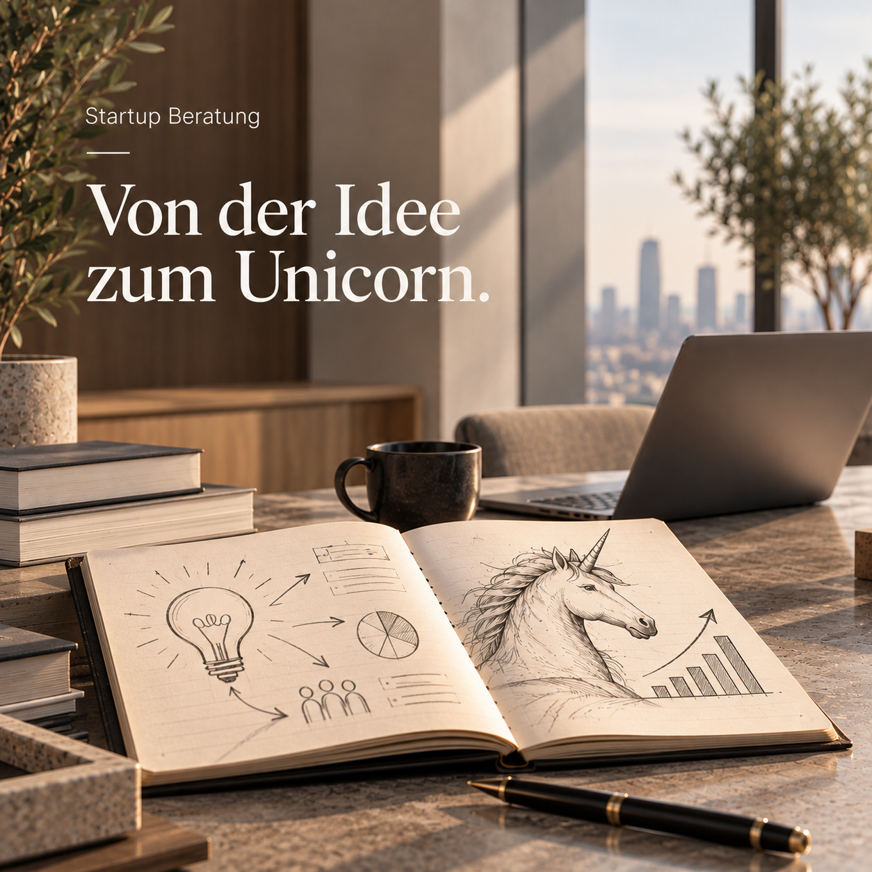 Ein Büro mit offene Notizbuch, Skizzen eines Einhorns und Diagrammen, Laptop, Kaffeetasse, Bücher, Stift, auf einem Tisch mit Blick auf die Stadt bei Sonnenuntergang. Unternehmensberatung, Consulting