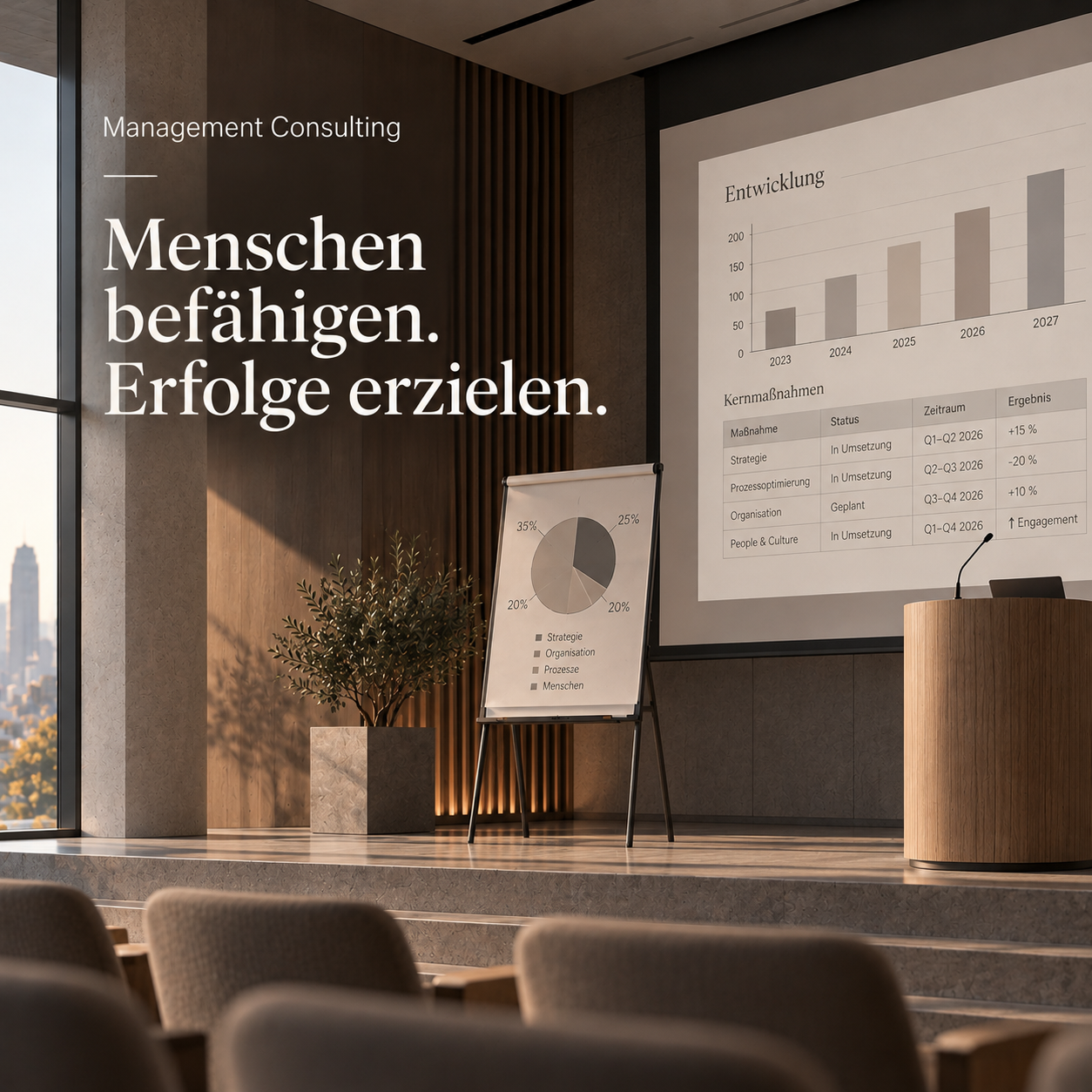Ein Konferenzraum mit einem großen Bildschirm, auf dem eine Präsentation mit Diagrammen und Tabellen gezeigt wird, sowie eine Stellwand mit einem Kreisdiagramm. Der Raum ist modern gestaltet mit Holz- und Betonwänden, es gibt einen Pult und einige Stühle.