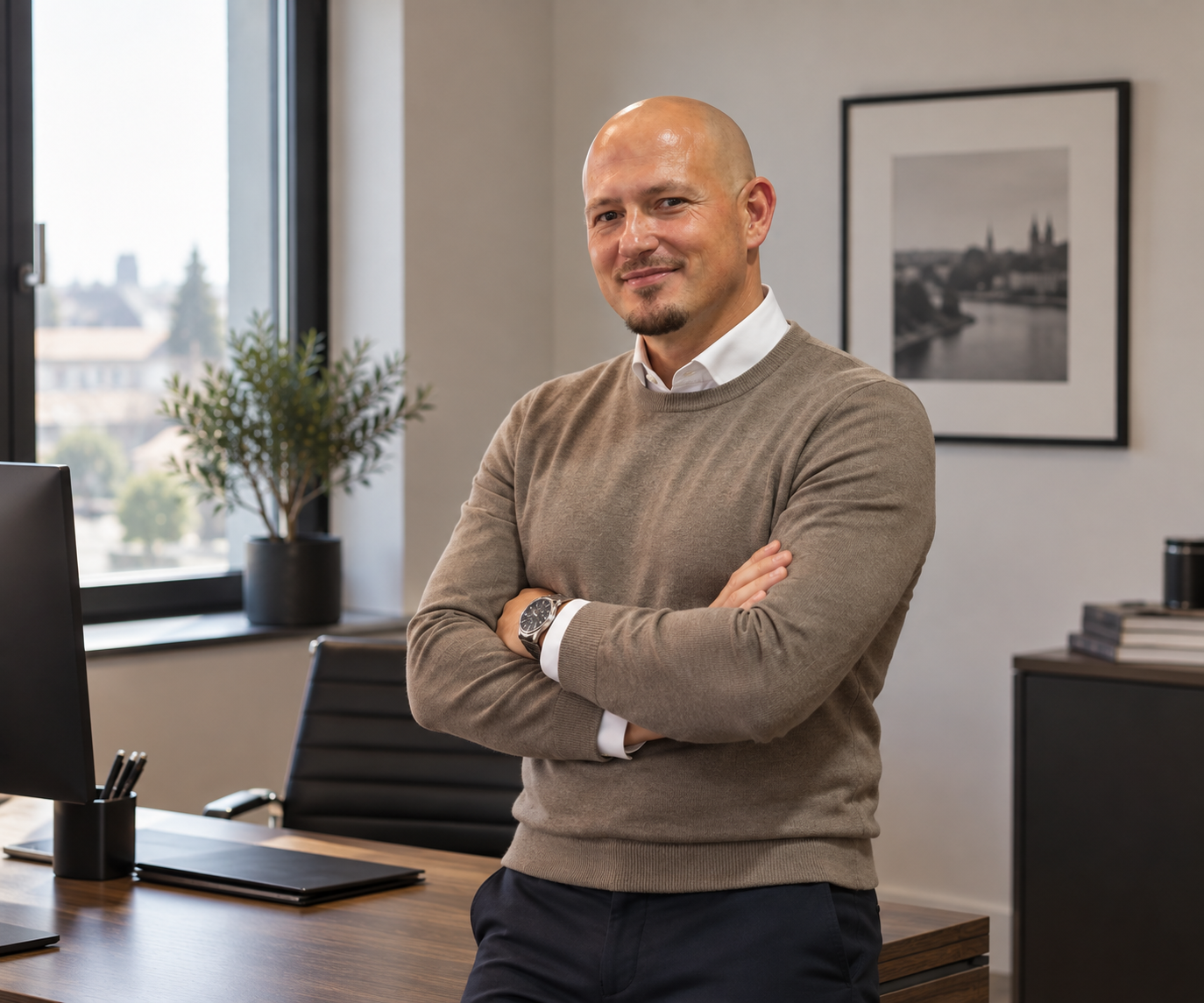 Ein Mann in einem Büro, der lächelnd mit verschränkten Armen steht, im Hintergrund ein Fenster mit Blick auf die Stadt, eine Pflanze und ein Schwarz-Weiß-Foto an der Wand. Unternehmensberatung und Consulting