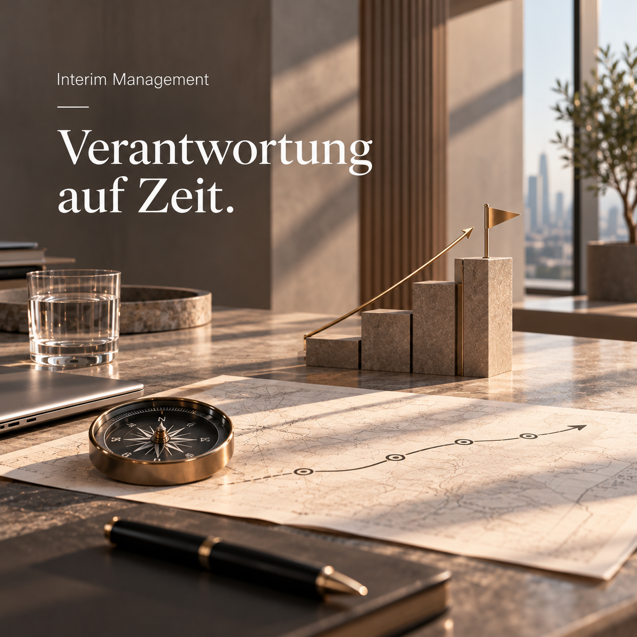 Ein Schreibtisch mit einem Kompass, einer Wasserflasche, einem Laptop, einem Notizbuch, einem Stift, einem Plan mit einer wachsenden Kurve, Kerzenständer und Pflanzen im Hintergrund. Überlagerungstext mit deutschem Text: »Interim Management, Verantwortung auf Zeit.«