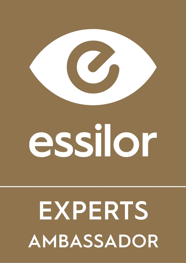 Essilor Experts Ambassador logo with stylized eye icon and brown background