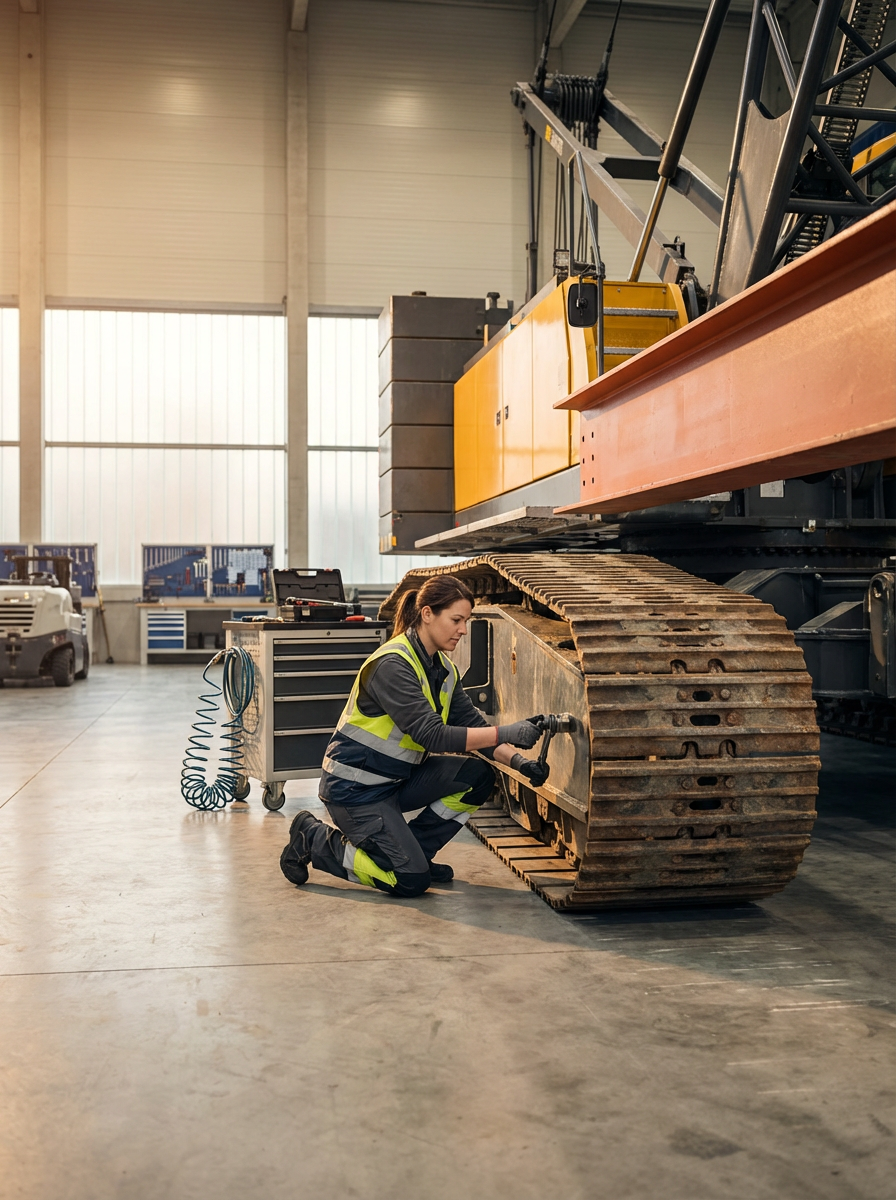 A woman in safety gear kneeling next to a large tracked construction vehicle inside a spacious workshop, inspecting or repairing it.