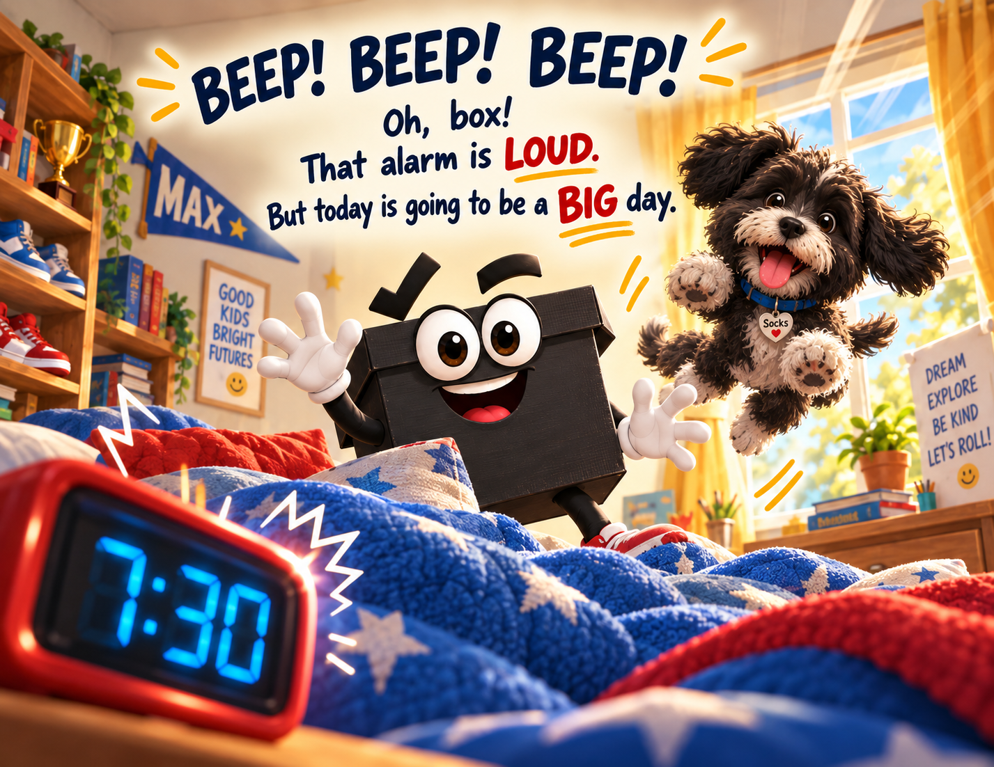 Animated scene of a happy alarm clock with eyes and a wide smile on a bed, ringing and displaying 7:30, with a cute black and white puppy jumping happily nearby. The room is bright with sunlight, decorated with motivational posters, books, and toys.