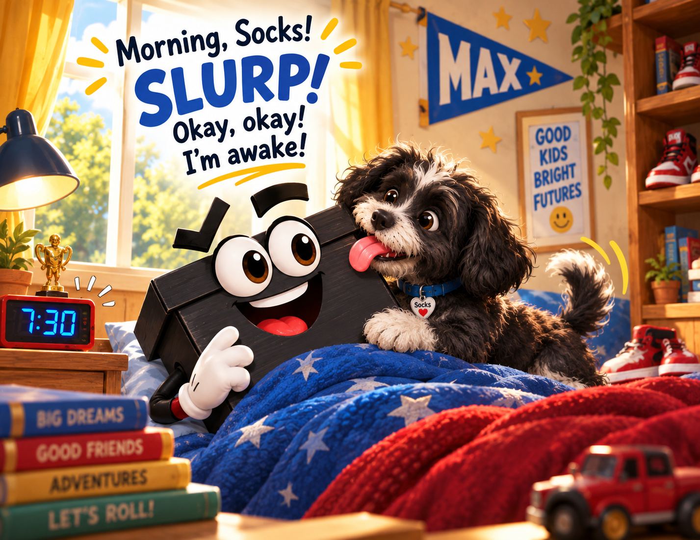 A cute alarm clock character with big eyes and a waving hand sitting on a bed, showing 7:30, and a small dog with a tag that says 'Socks' licking its face. The background includes a window, shelves with shoes, books, a plant, and wall decorations that say 'Good Kids Bright Futures' and 'Max'. The room has a cozy, colorful, child-friendly atmosphere.