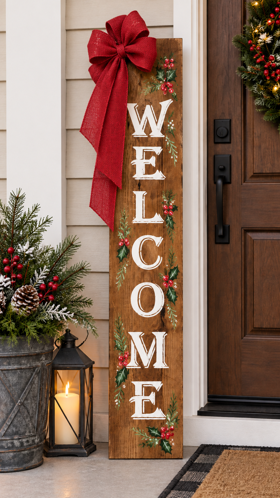 Rustic Honey-Stained Holiday Welcome Porch Sign with Red Burlap Bow! | 6-Foot Wooden Sign