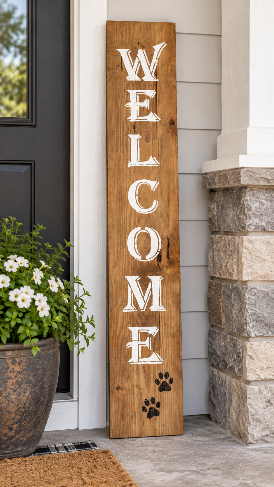 Rustic Honey-Stained Welcome Porch Sign with Paw Prints! 🐾 | 6-Foot Wooden Sign