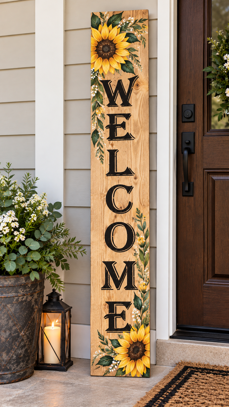 Classic Natural Wood Welcome Porch Sign with Painted Sunflowers! 🌻| 6-Foot Wooden Sign