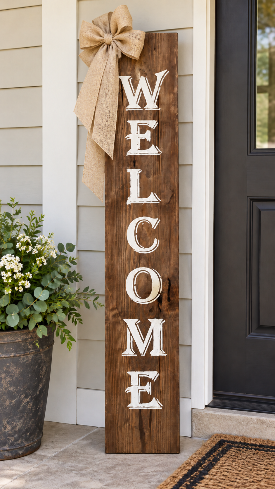 Rustic Walnut-Stained Welcome Porch Sign with Burlap Bow | 6-Foot Wooden Sign