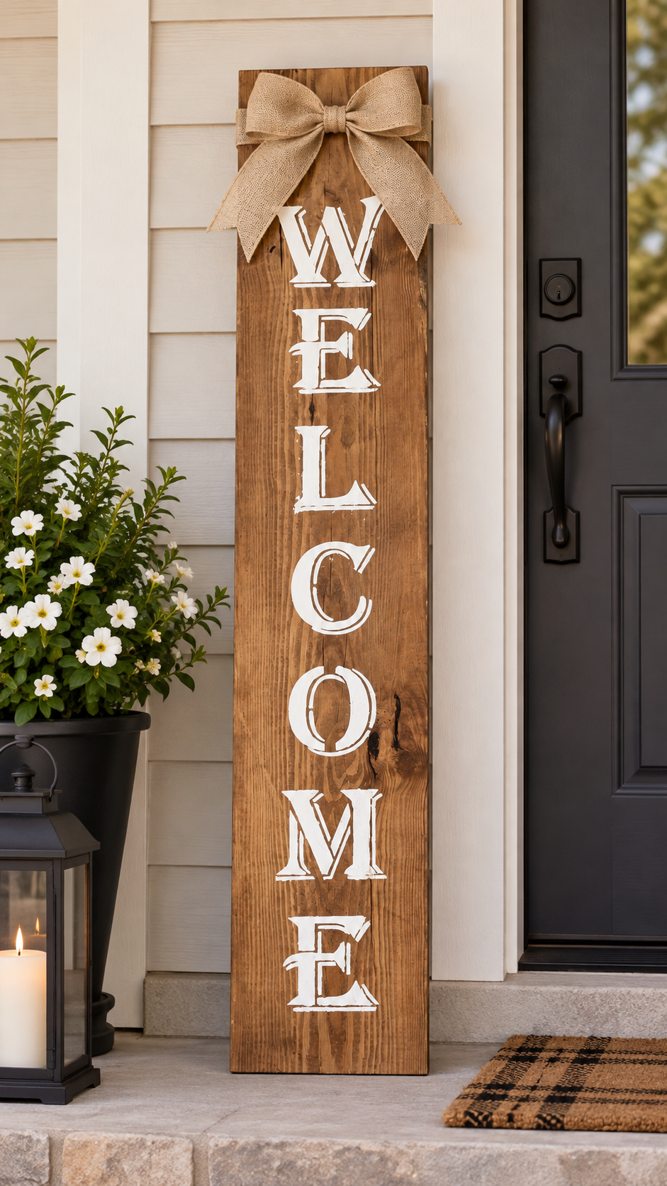 Rustic Honey-Stained Welcome Porch Sign with Burlap Bow | 6-Foot Wooden Sign