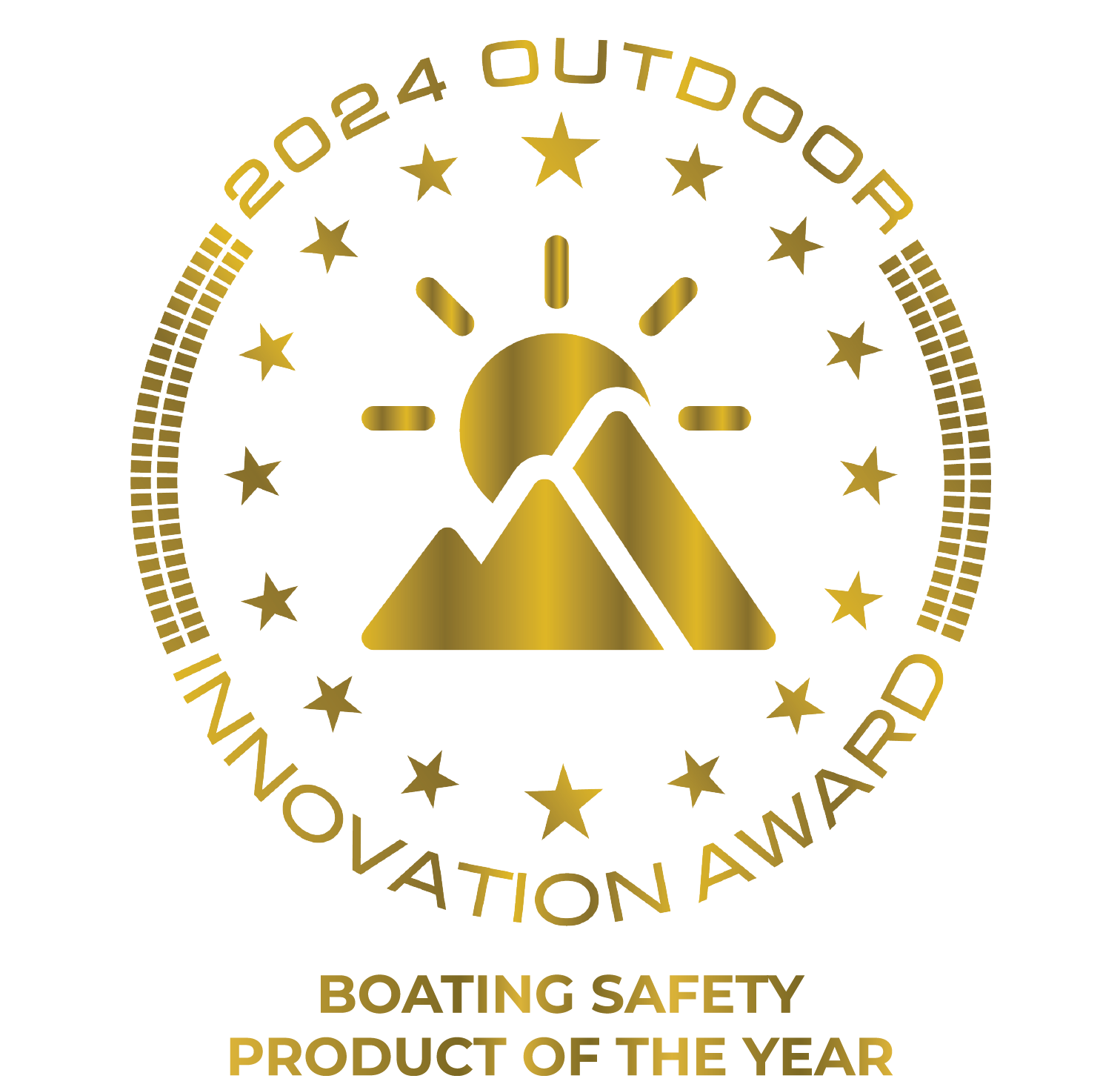 Gold-colored emblem with a central satellite dish, mountains, and a water tower, surrounded by a circular border of stars and text reading '2024 DOD D...'. The text includes 'BOATING SAFETY' and 'PRODUCT OF THE YEAR'.