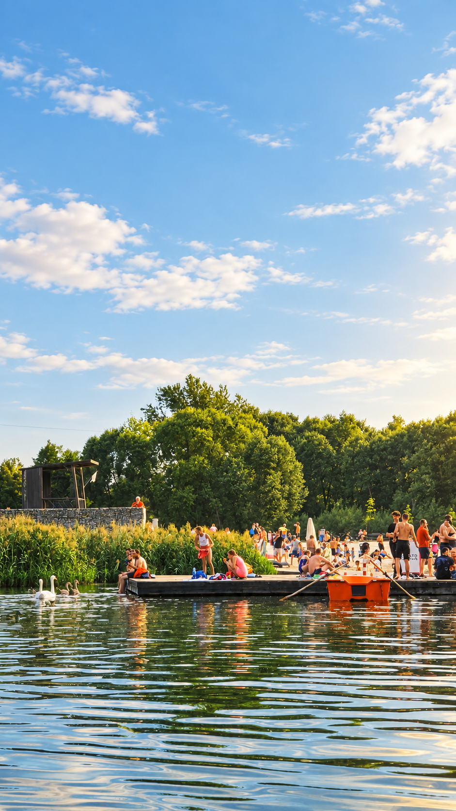 People enjoying a day at the lake, with some swimming, sunbathing, and relaxing on the dock and shoreline, surrounded by trees under a partly cloudy sky.