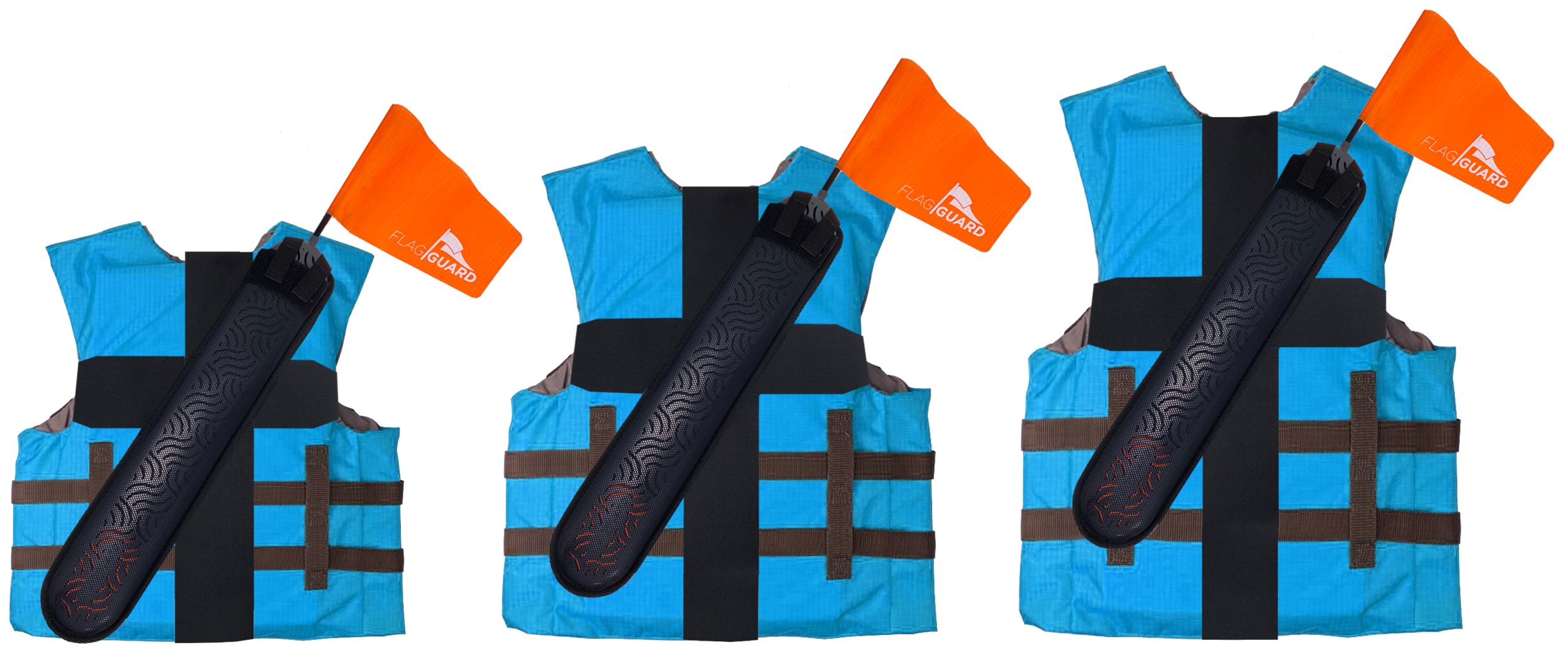 Three blue life jackets, each with a black strap, brown loops, and the patented FlagGuard system, and how it attaches to various-sized life vests. i