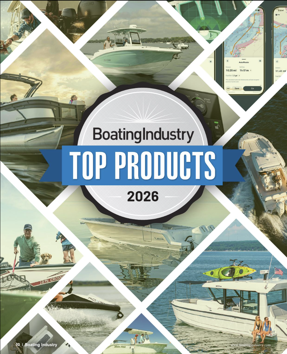 Cover of a magazine or report titled 'Boating Industry Top Products 2026', featuring various images of boats, watercraft, and boating activities, with a central circular emblem.