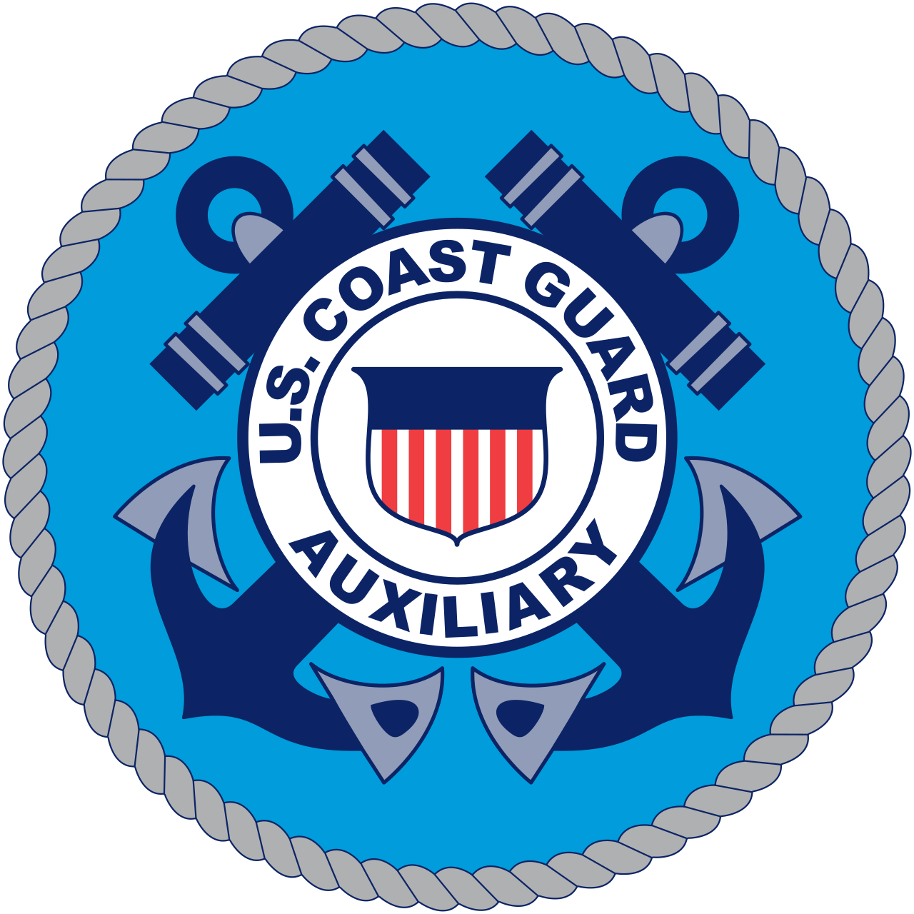 U.S. Coast Guard Auxiliary emblem featuring two crossed blue anchors, a white shield with red and white stripes, and two blue telescopes, all enclosed by a gray rope border.