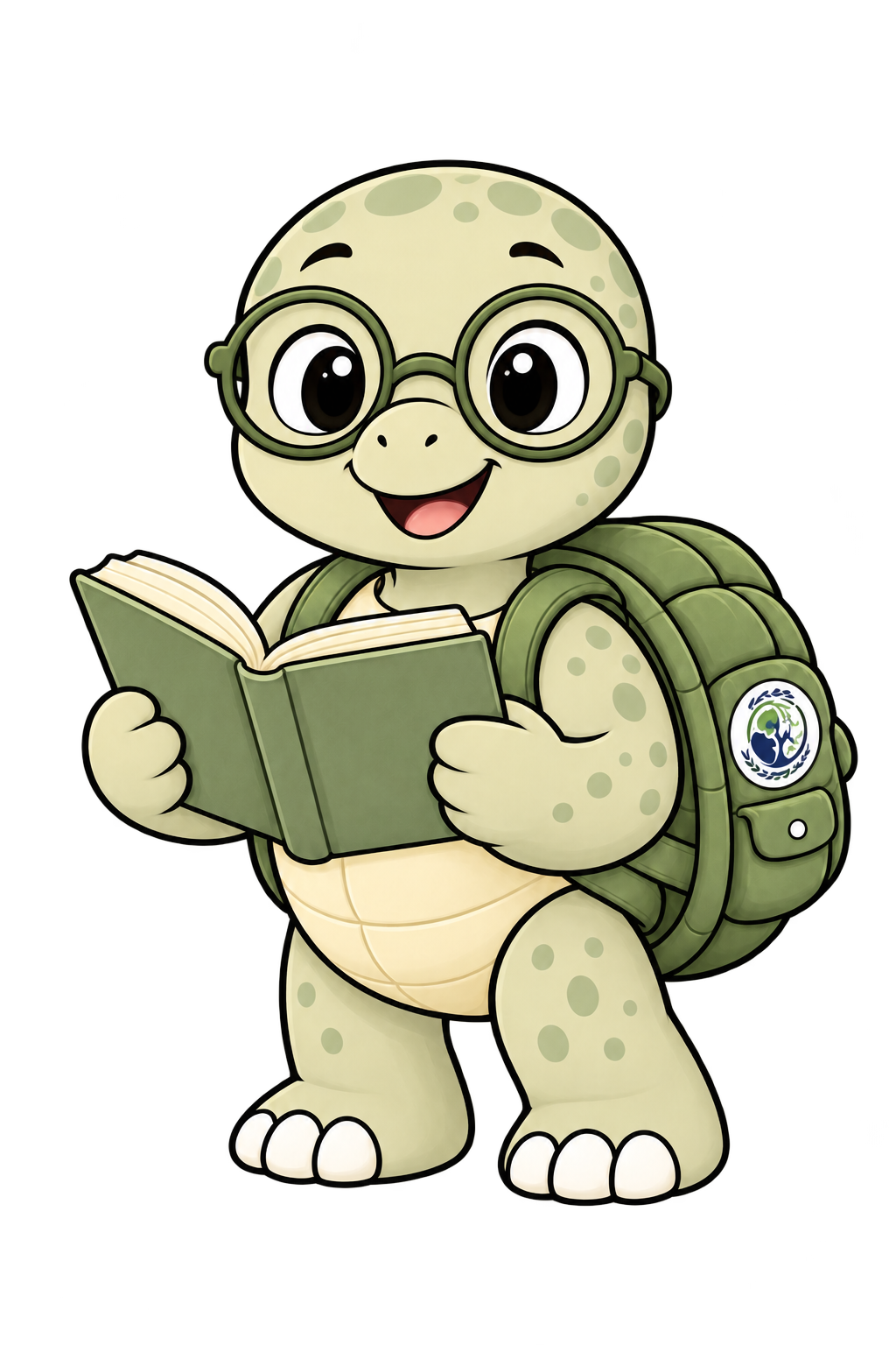 Turtle holding a book and wearing a backpack