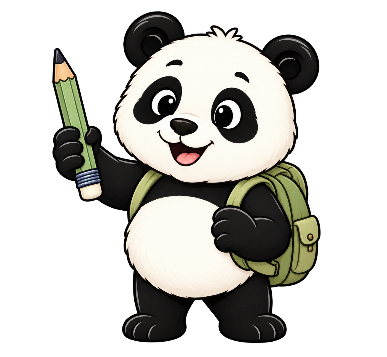 Panda, the Developmental Foundations Lab guide, holding a pencil and wearing a backpack