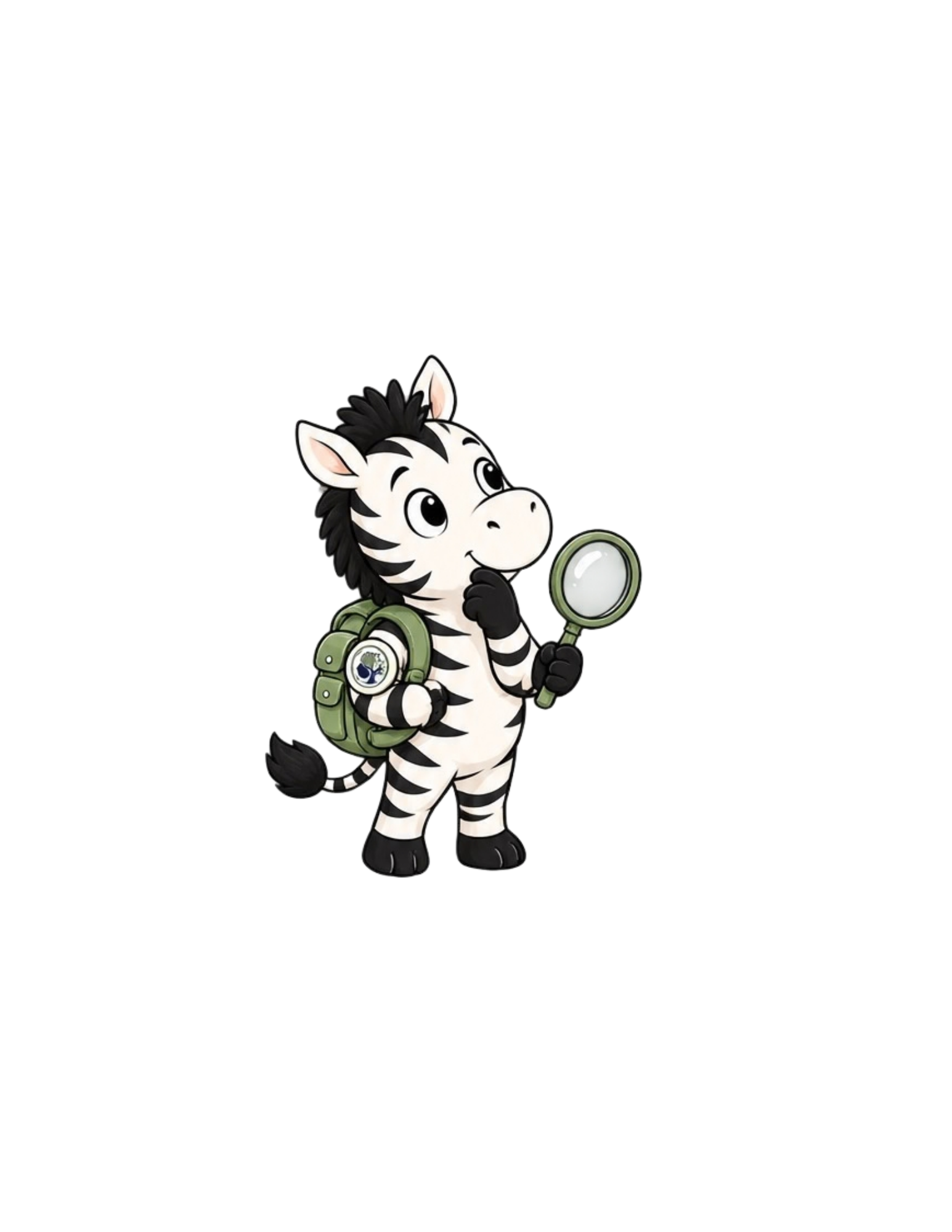 Zebra holding a magnifying glass and wearing a backpack