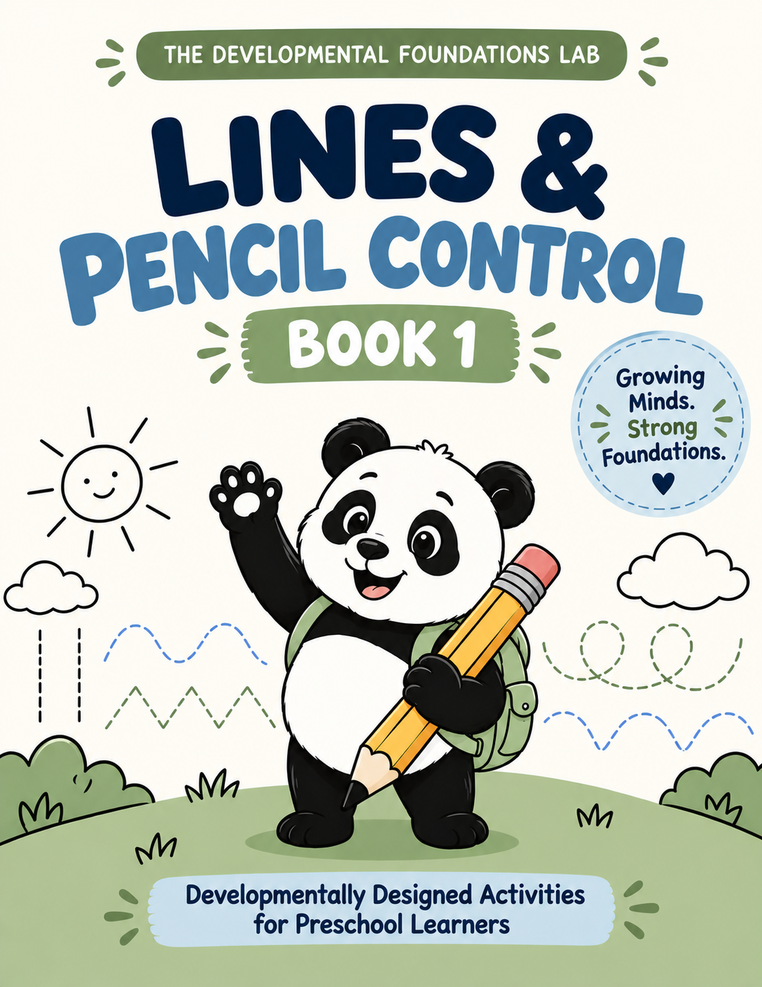 Lines & Pencil Control preschool workbook cover featuring Panda holding a pencil